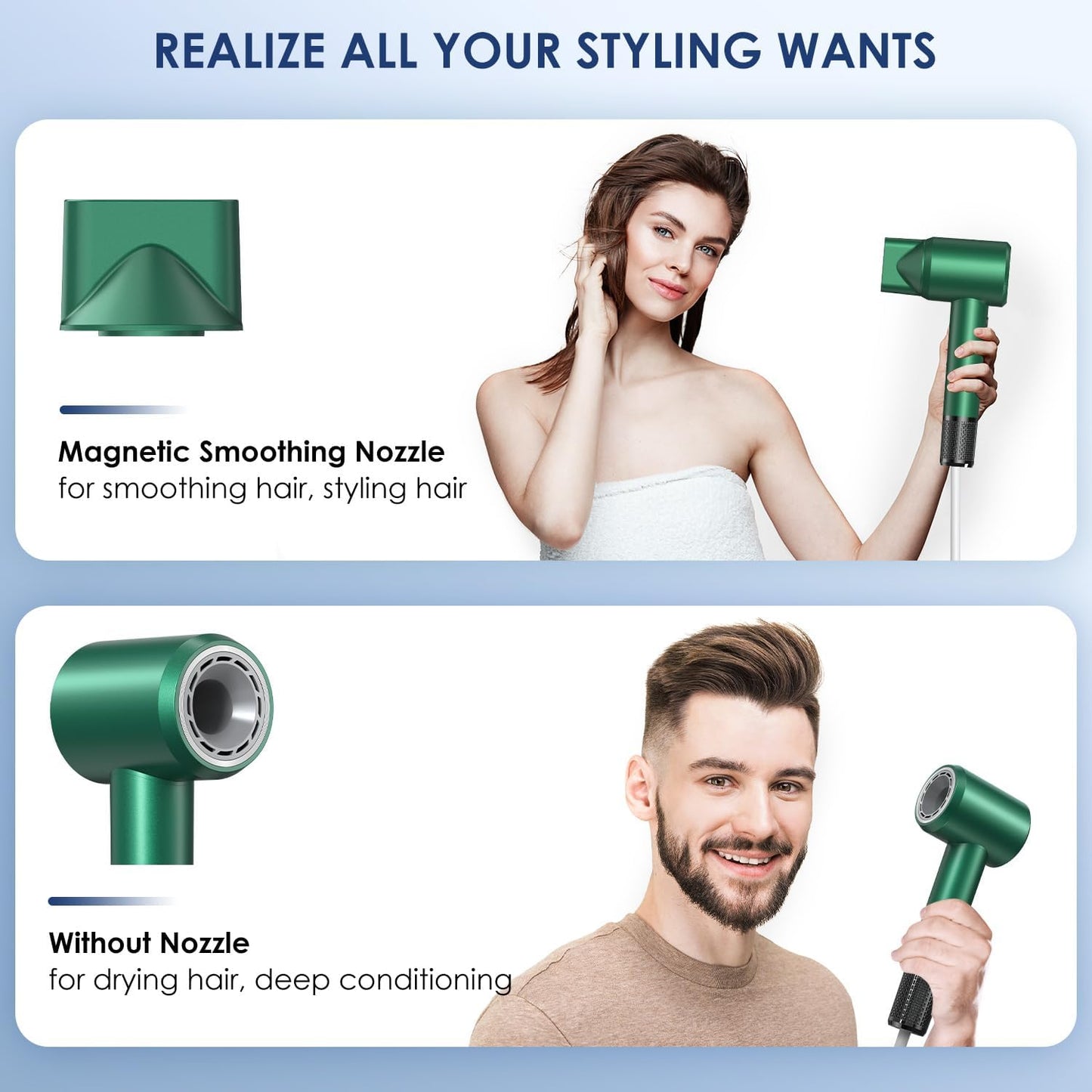 Professional Hair Dryer - 150000 RPM High-Speed, Negative Ionic for Fast Drying and Hair Care. Low Noise, 4 Temps/2 Speeds, Lightweight with Magnetic Nozzle. (Green)