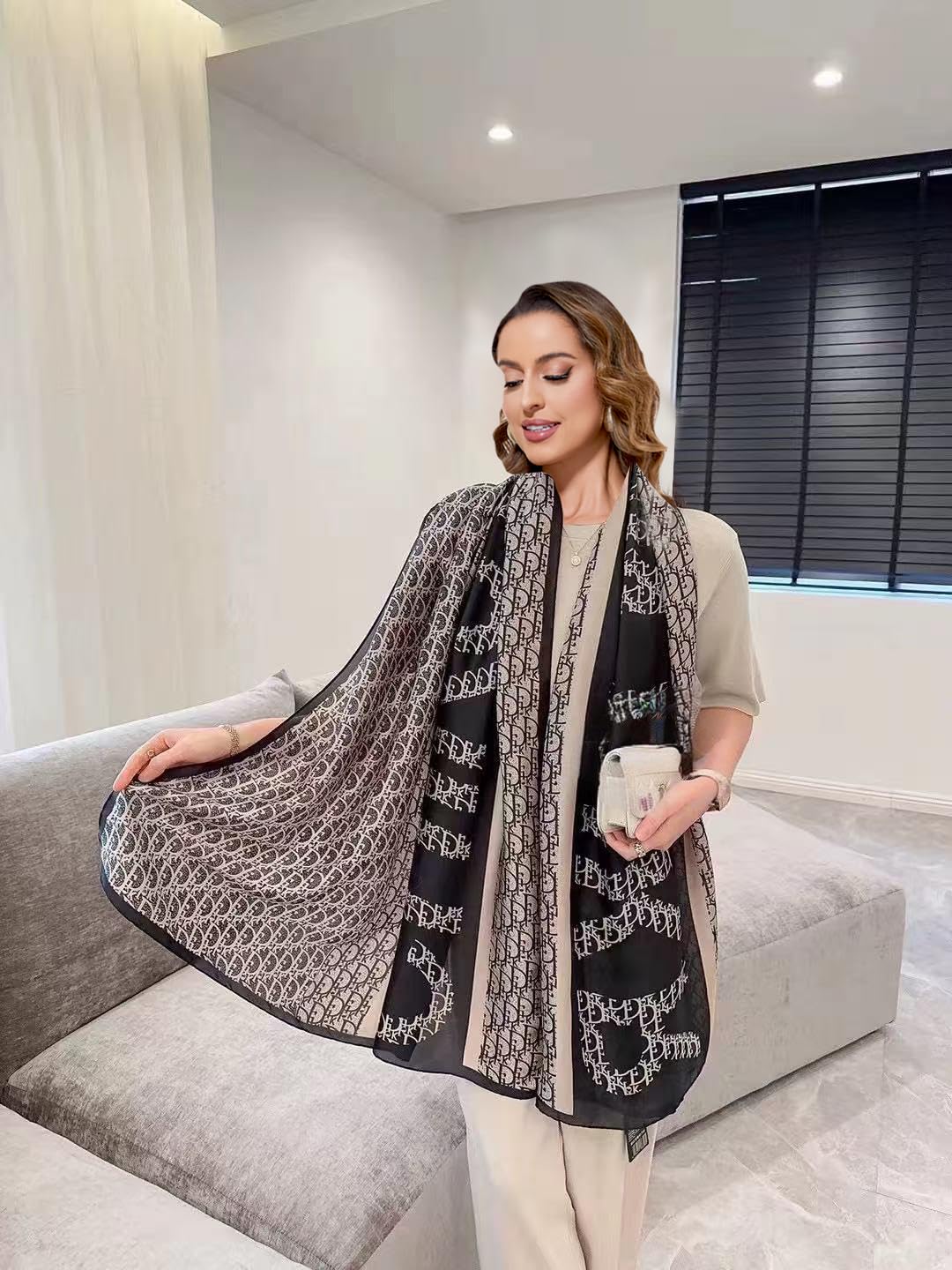 FairyCity Luxury Designer Silk Scarf, Black and Gold Pattern Monogram Print Square Shawl Wrap scarves