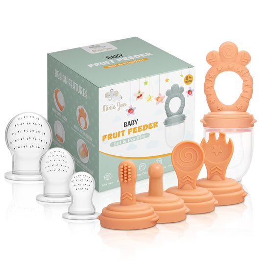 Minie Joo Baby Fruit Feeder Pacifier – 7-in-1 Silicone Teether Toy & Food Feeder with Spoon, Fork, and Interchangeable Heads – BPA-Free, Anti-Choke, Self-Feeding Set for Infants & Toddlers