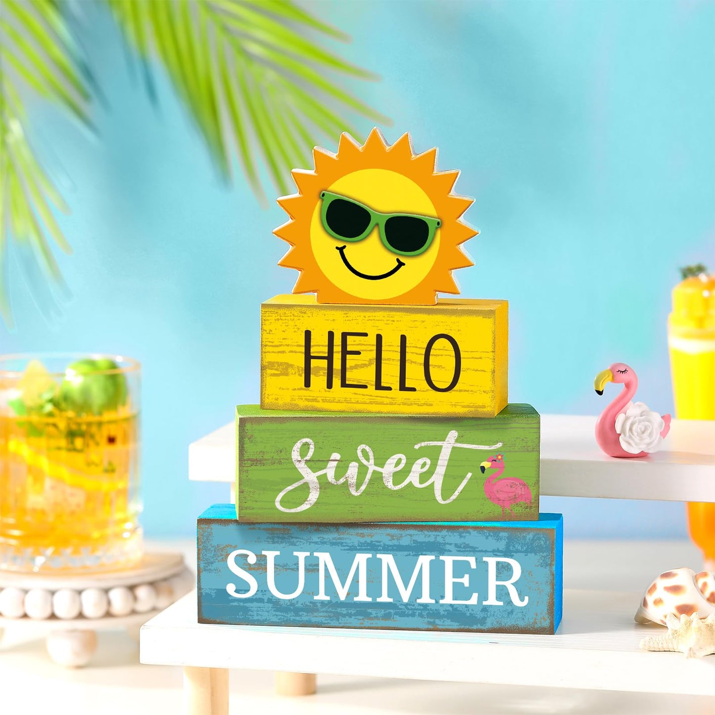 Yuntau 4 Pcs Summer Wooden Tabletop Decor Hello Sweet Summer Tiered Tray Decor Sunshine Centerpiece Rustic Summertime Decorative Block Signs Gift Farmhouse Table Decoration for Home Kitchen