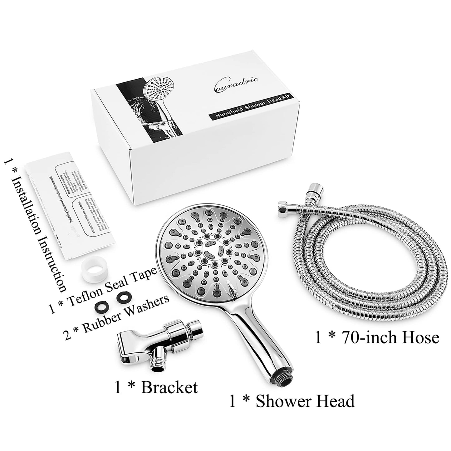 Couradric Handheld Shower Head, 6" Chrome Face 6 Spray Setting Shower Head with High Pressure, Brass Swivel Ball Mount and Extra Long Flexible Stainless Steel Hose