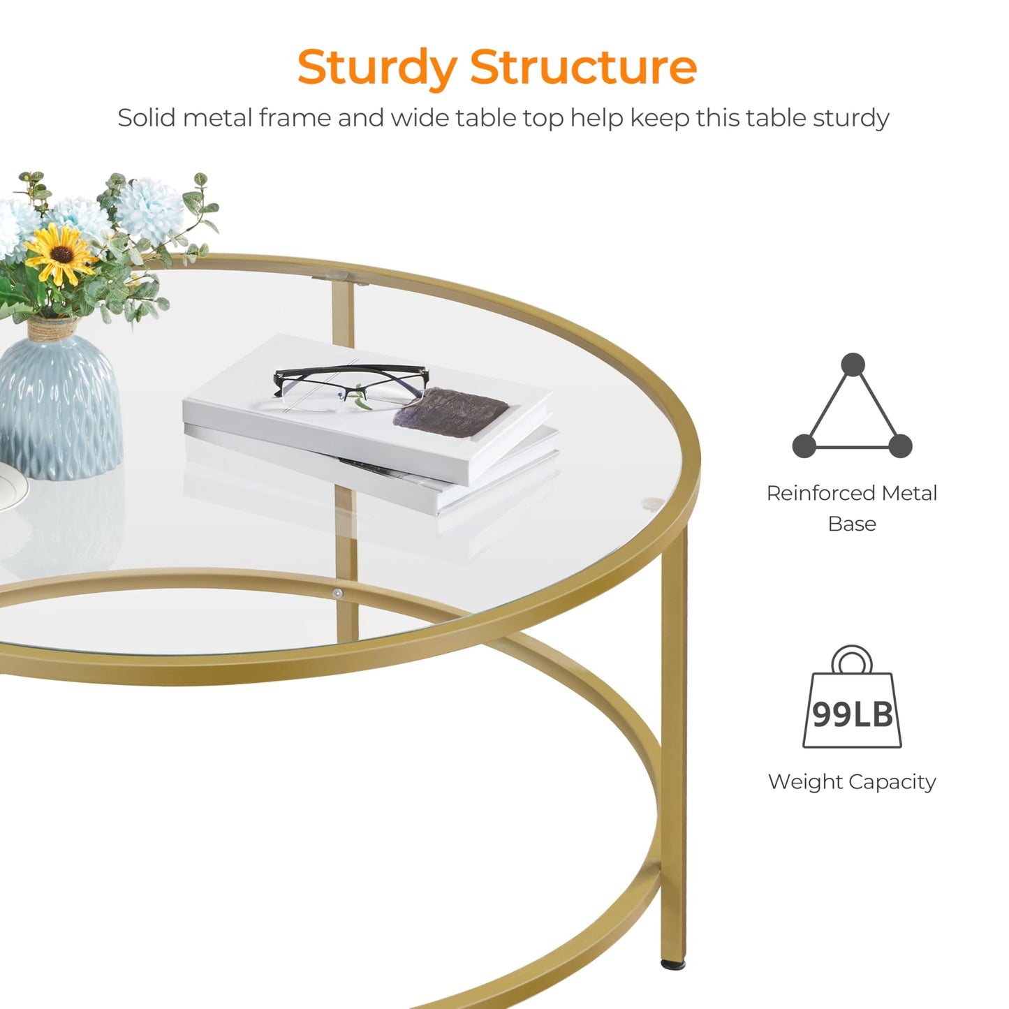 Yaheetech Gold Glass Coffee Table for Living Room, 36" Round Glass Coffee Table with Metal Frame, Circle Coffee Table for Home, Office, Apartment