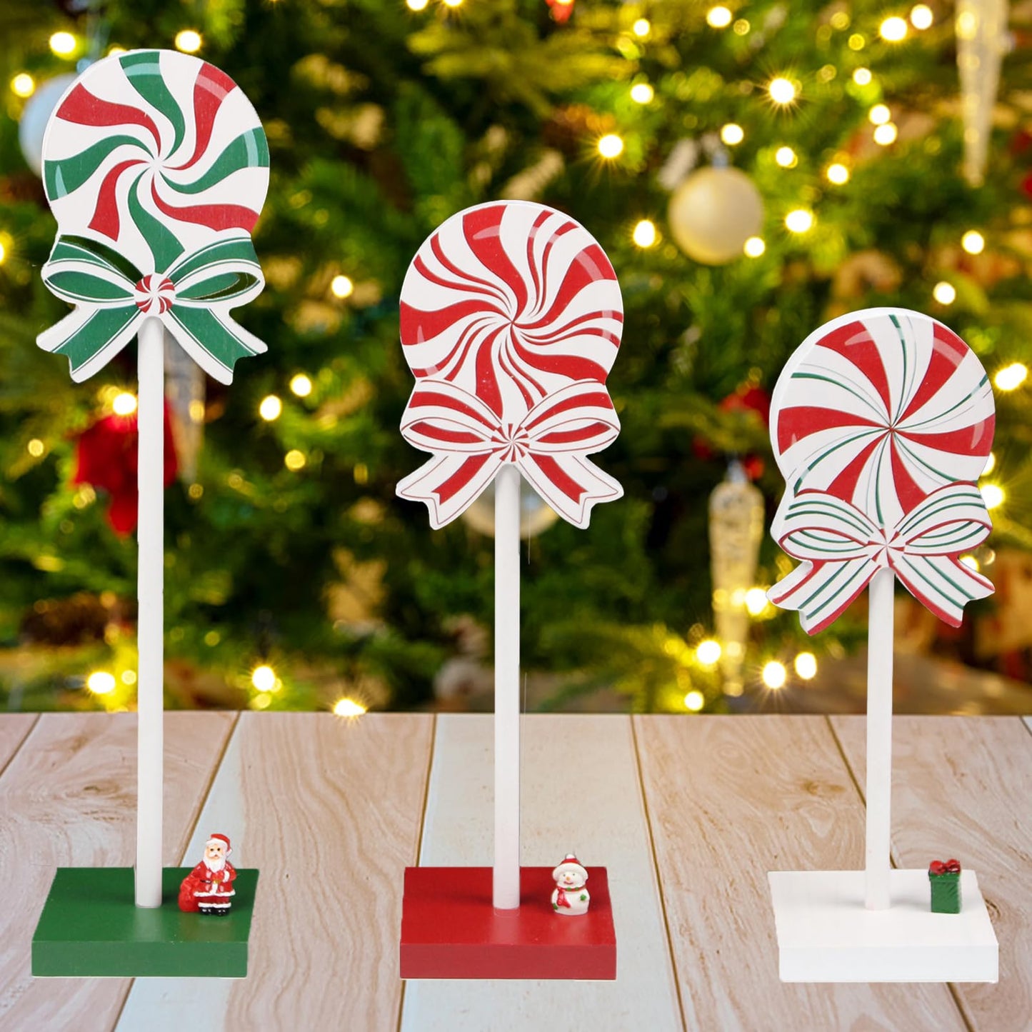 EOMEXAL 3 Pieces Christmas Table Decorations Wooden Christmas Tiered Tray Decor Xmas Tabletop Décor Candy Cane Décor for home(Classic)