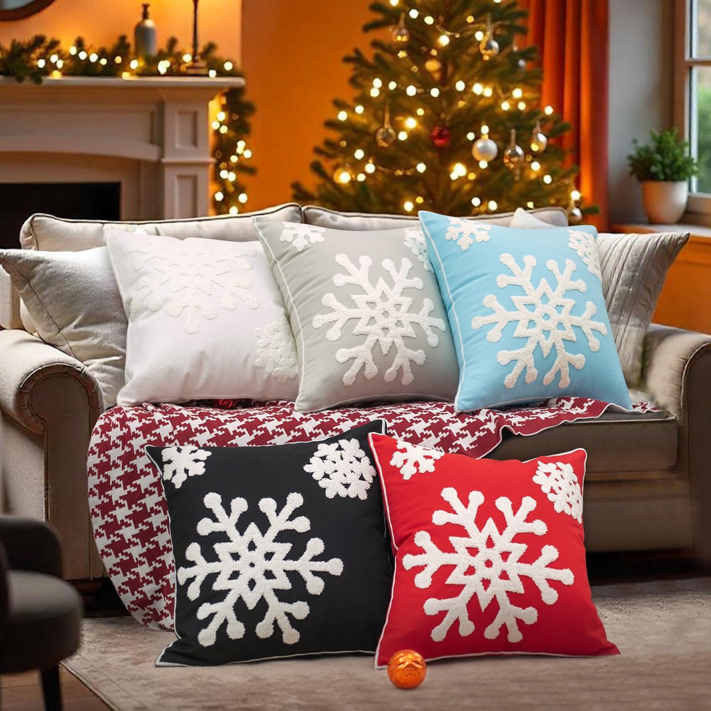 Elife Soft Square Christmas Snowflake Home Decorative Canvas Cotton Embroidery Throw Pillow Covers 18x18 Cushion Covers Pillowcases for Sofa Bed Chair (1 Pair, Grey)
