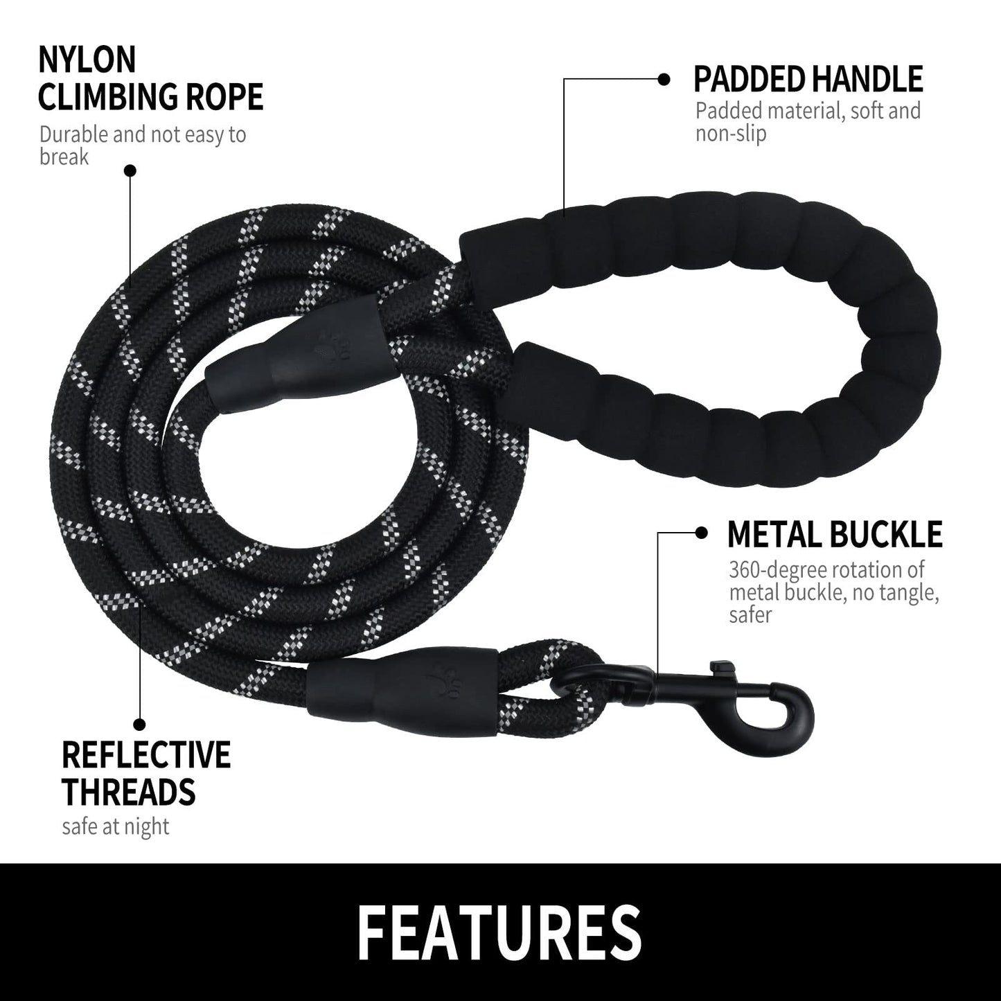 Panykoo 5/6 FT Strong Pet Dog Leash with Soft Padded Handle,Highly Reflective Rope for Night Walking,360-Degree Rotating Metal Buckle Without Tangles,Suitable for Small,Medium and Large Dogs.(5ft)