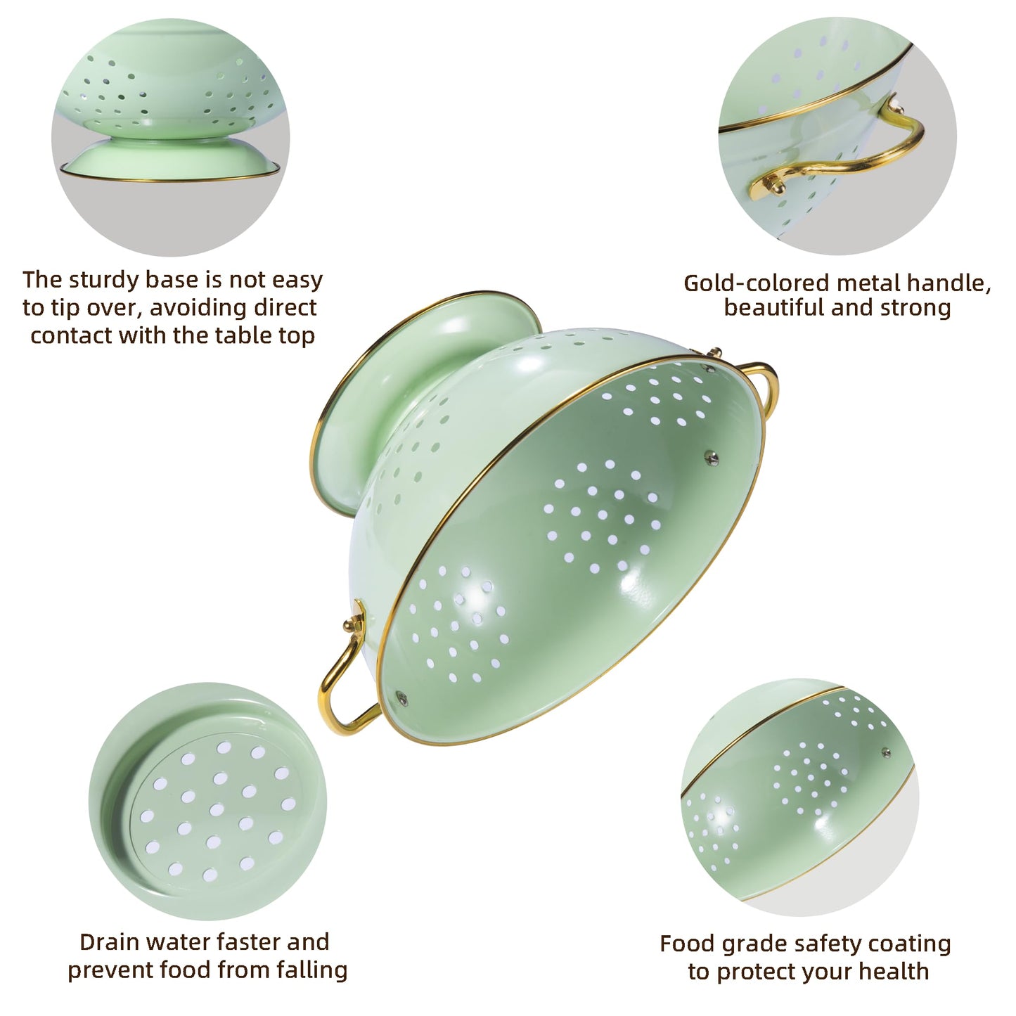 Metal Colander Set of 3, Strainer Basket with Handles perfect for Spaghetti, Pasta, Berry, Vegetable, Fruit, Solid Base Powder Coated Kitchen Essential Strainer Set, 1 & 3.5 & 5 Qt (Green)