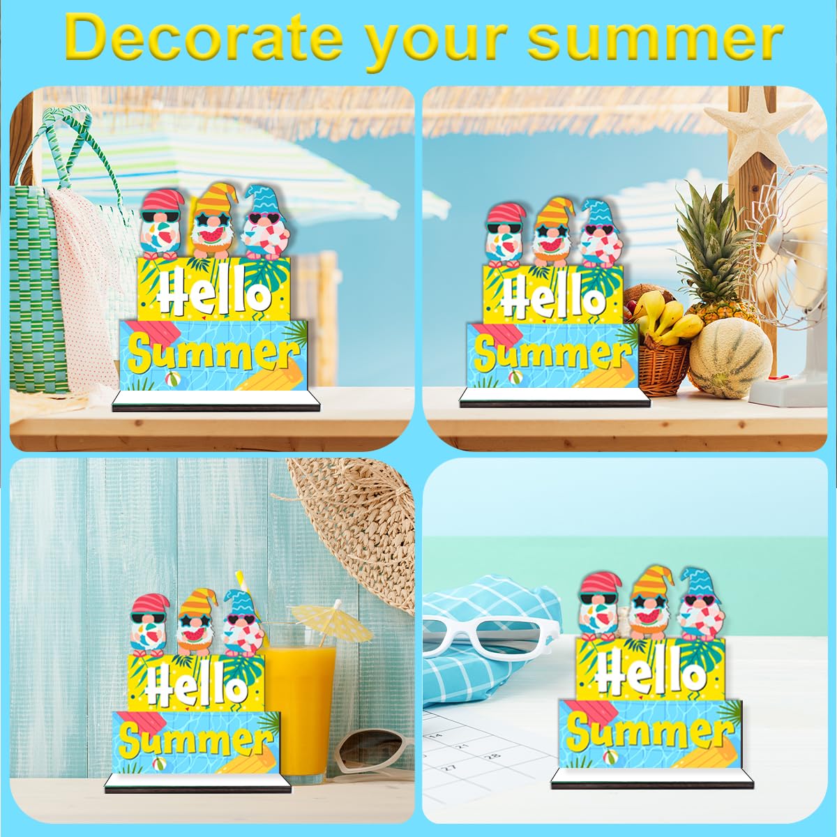 Beach House Hello Summer Decorations Table Summer Decor for Home Bathroom Office Indoor Signs Wooden Centerpieces Wooden Wood for Farmhouse Table Decor