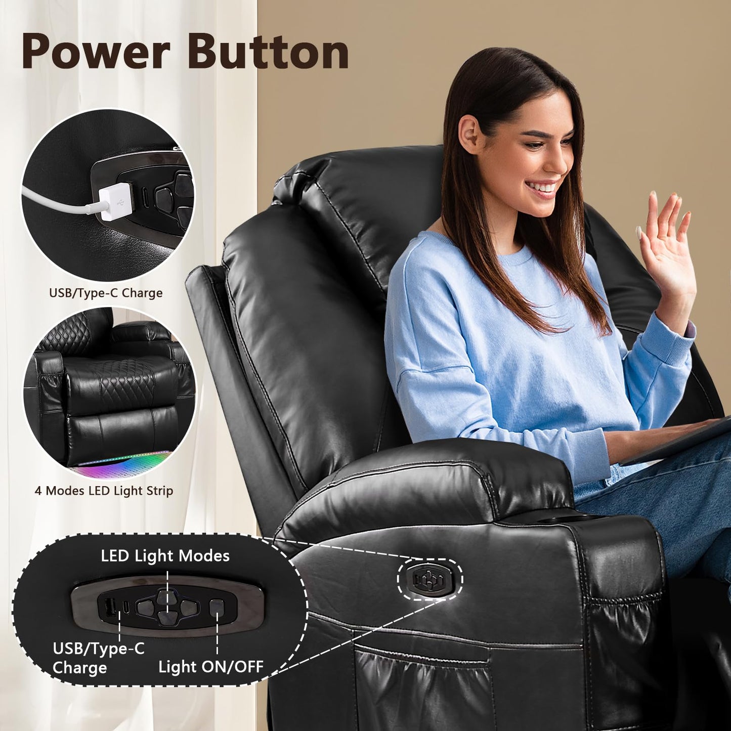 AHMED Power Swivel Rocker Recliner Chair with Massage and Heat, Faux Leather Home Theater Seating with LED Ambient Lighting, Glider Reclining Sofa with Cup Holders for Living Room,Black