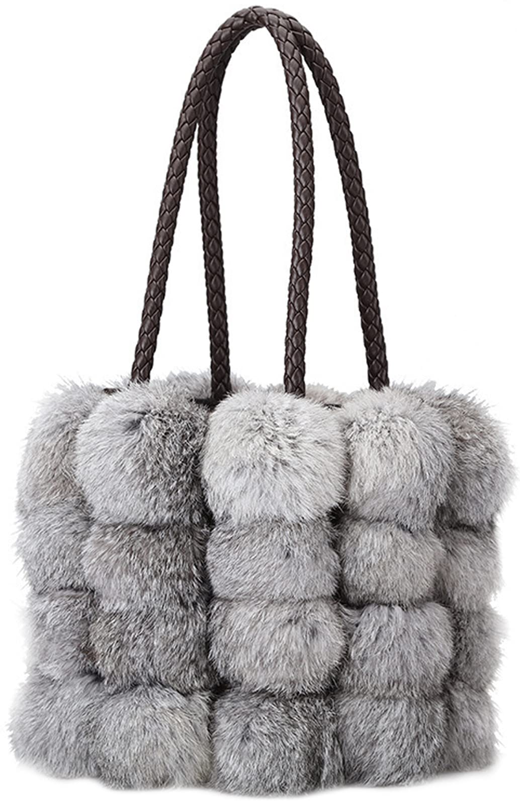 QZUnique Faux Fur Bucket Handbag Women's Drawstring Fur Crossbody Bag Shoulder Tote Bag