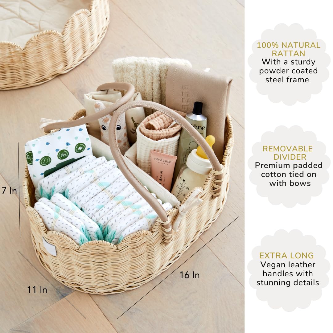 BEBE BASK Premium Baby Diaper Caddy Organizer - Handmade & Award-Winning Scalloped Rattan Basket - Luxury Diaper Caddy Basket - Elegant Scalloped Edge (Natural)