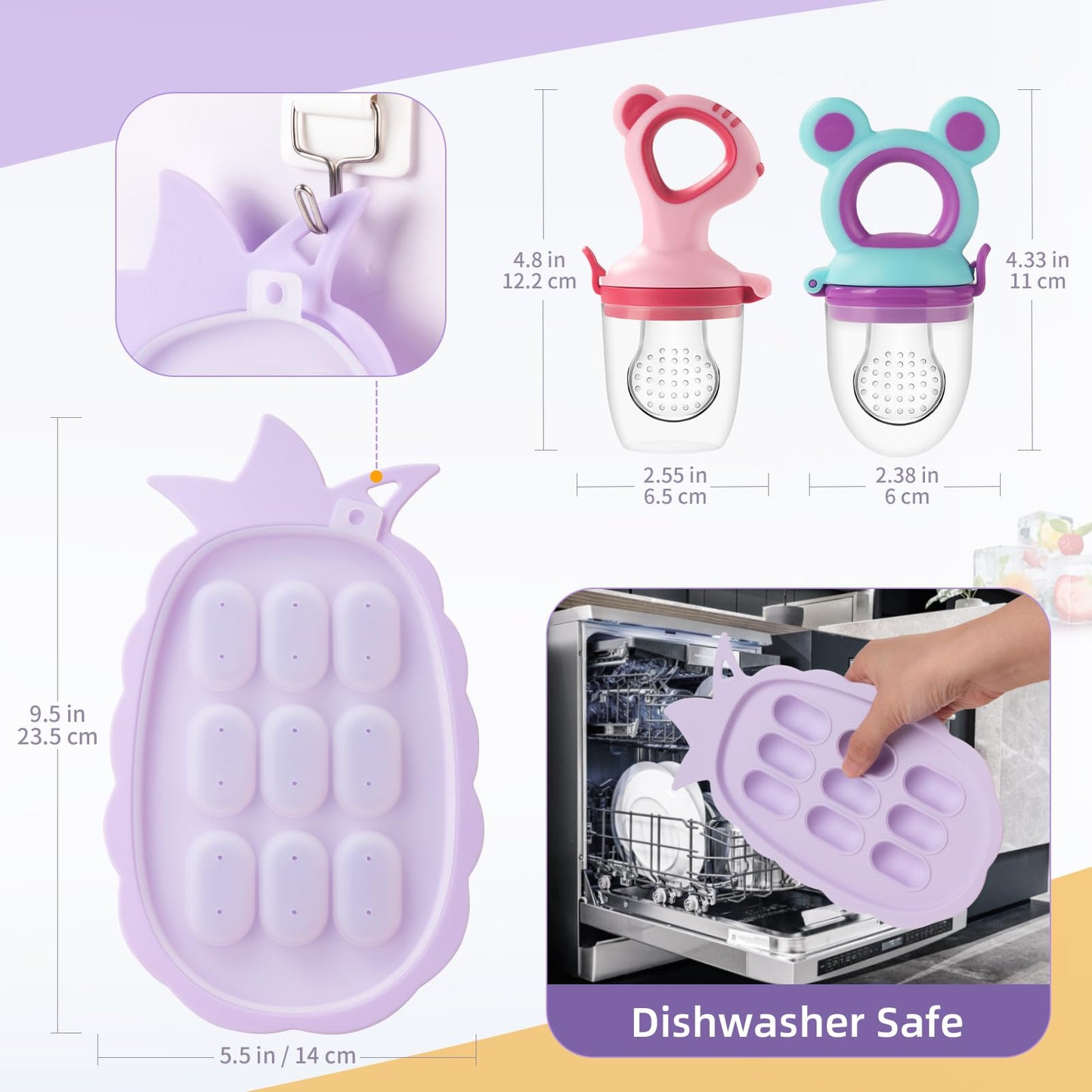 Baby Fruit Feeder & Baby Breastmilk Popsicle Molds, Baby Food Freezer Tray Storage Containers, Silicone Pacifier Feeder and Teether, Includes 6 Extra Food Pacifier