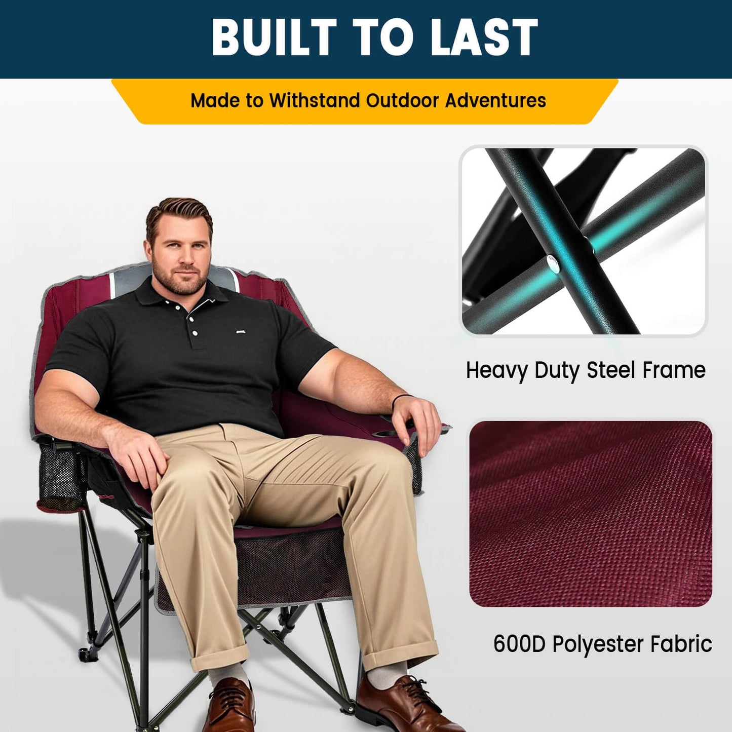 USKAU Oversized Camping Chair for Large Adults Heavy Duty 400 lbs Capacity, Comfortable Padded Folding Lawn Chair with Back & Headrest Support and Cup Holder, Portable Outdoor Chair with Carry Bag