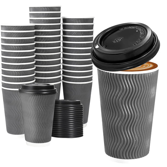 Lamosi 50 Pack - 16 oz Insulated Disposable Coffee Cups with Lids, To Go Paper Coffee Cups with Lids, Corrugated Ripple Wall Cup for Hot Drink, Office, Coffee Bar (Grey)