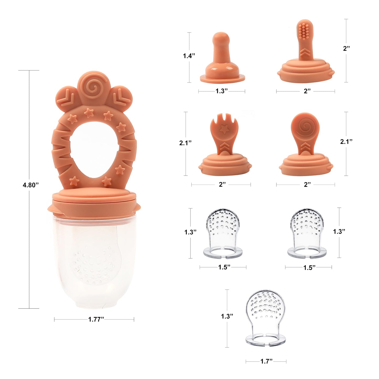 Minie Joo Baby Fruit Feeder Pacifier – 7-in-1 Silicone Teether Toy & Food Feeder with Spoon, Fork, and Interchangeable Heads – BPA-Free, Anti-Choke, Self-Feeding Set for Infants & Toddlers