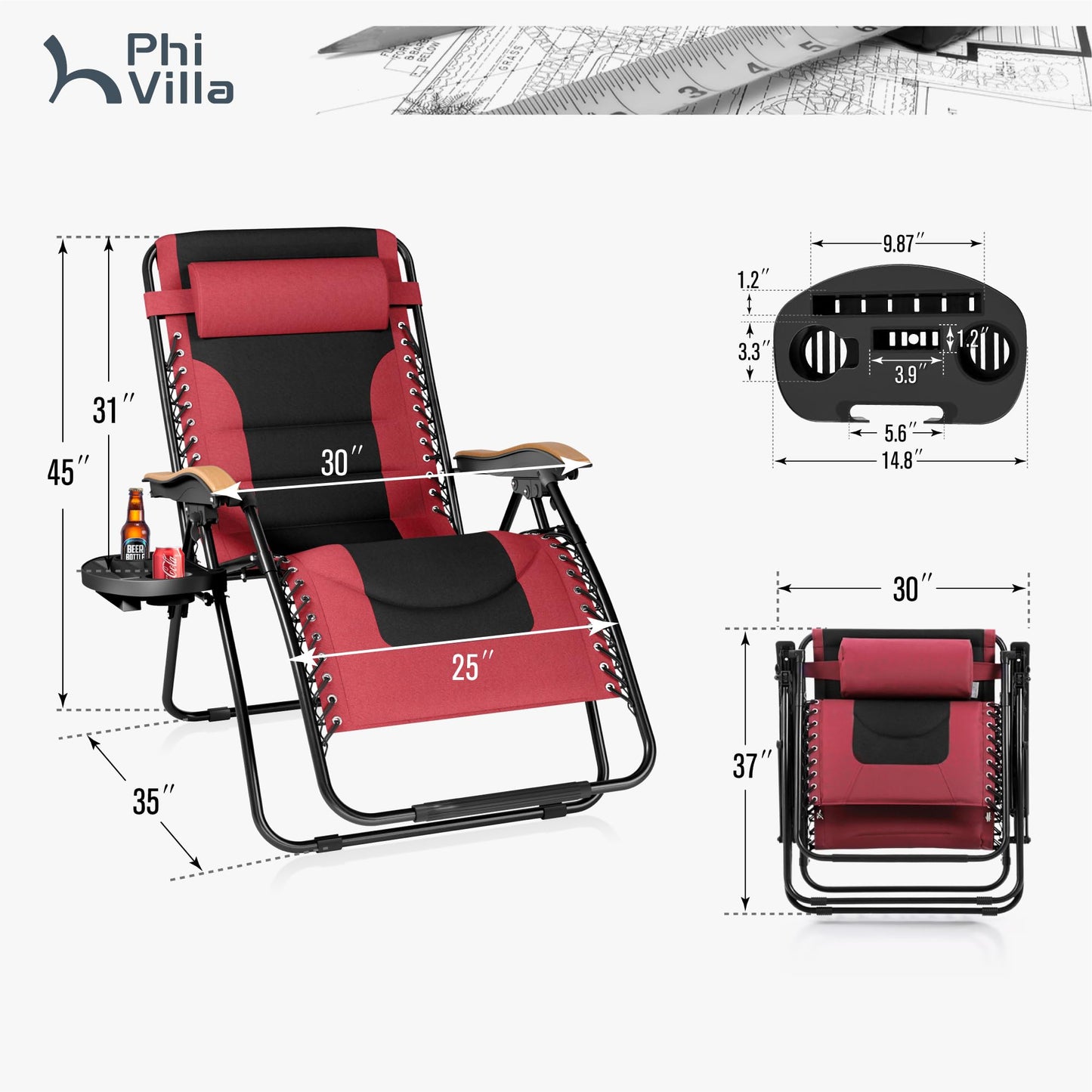 PHI VILLA XXL Oversized Padded Zero Gravity Chair, Foldable Patio Recliner, 30" Wide Seat Anti Gravity Lounger with Cup Holder, Set of 2, Support 400 LBS (Red)