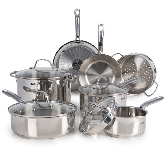 T-fal Stainless Steel Cookware Set 11 Piece, Induction, Oven Broiler Safe 500F, Kitchen Cooking Set w/Fry Pans, Saucepans, Saute Pan, Dutch Oven, Steamer, Pots and Pans, Dishwasher Safe, Silver