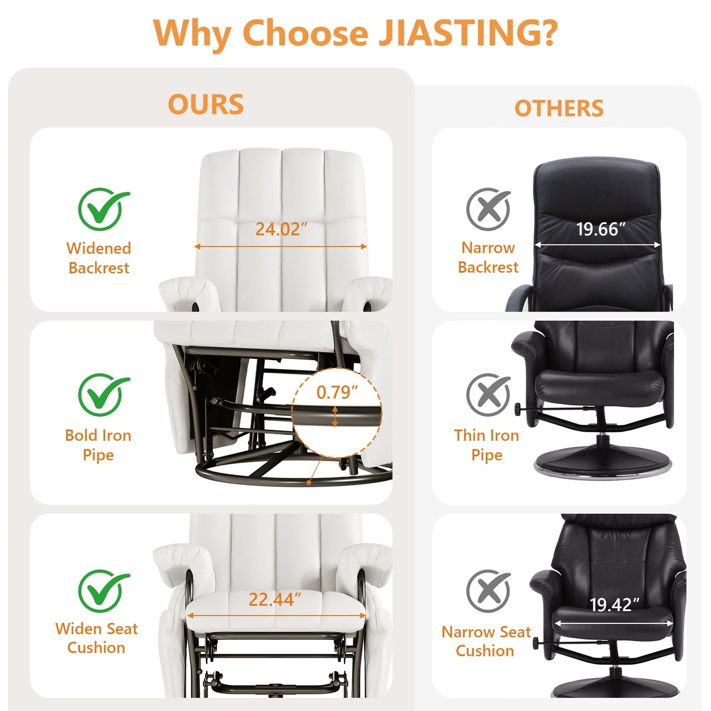 JIASTING 360° Swivel Leather Recliner Chair with Ottoman & Double Side Pockets, Nursing Glider Rocking Recliner Chair, Gliding Chairs for Nursery, Living Room, Office, Bedroom, Metal Frame (White)