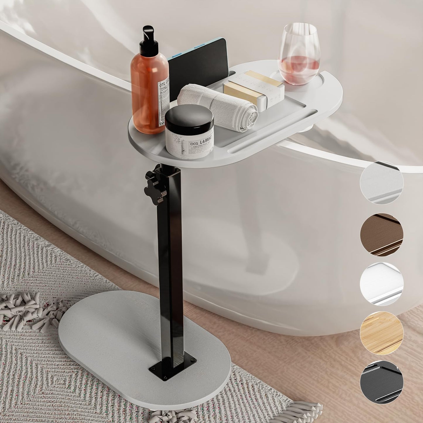 Yumkfoi Bamboo Bathtub Tray Table with Adjustable Height, Freestanding Bathtub Caddy for Tub Against Wall, Tub Organizer Suitable for Luxury Spa and House Warming - Patent Protected (Gray)