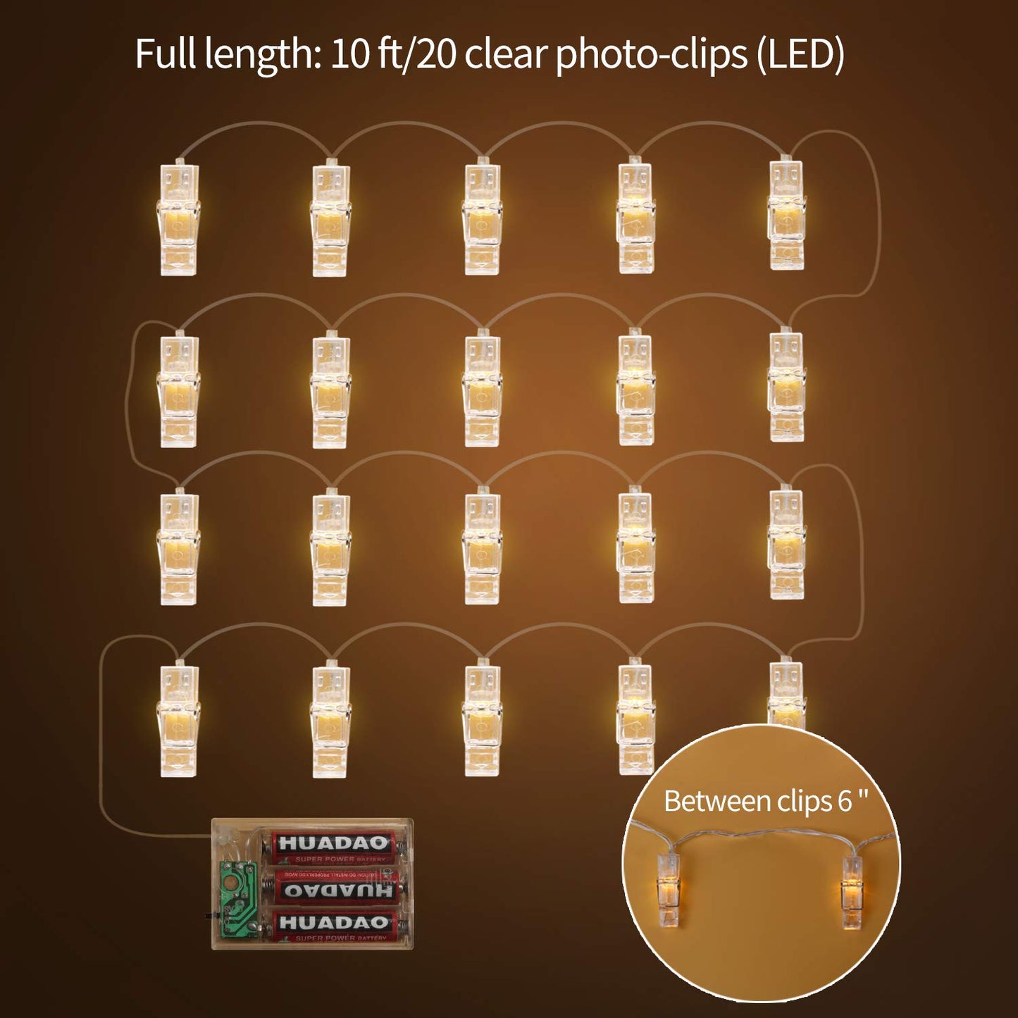 Betus 10 Ft 20 LEDs Photo Clips String Lights - Battery Powered Fairy Twinkle Light with Clips for Hanging Photos Pictures Cards & Artwork, for Bedroom Home Decoration (Warm White)