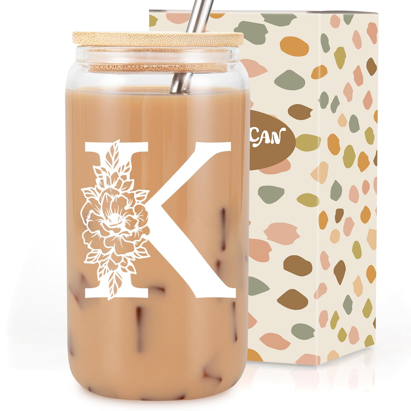 Coolife Initial Glass Cup, Monogrammed Gifts for Women, 16 oz Glass Cups w/Lids Straws, Iced Coffee Smoothie Beer Tumbler w/Straw Lid - Personalized Mothers Day, Birthday Gifts for Her Mom Friend