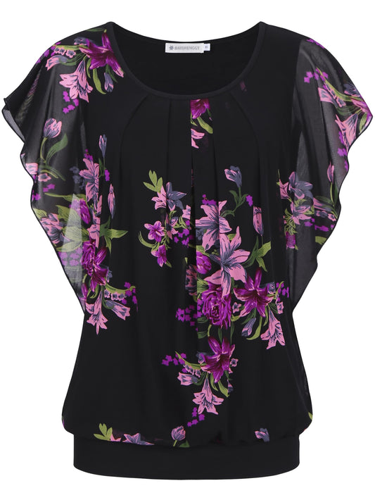 BAISHENGGT Blouses for Women Dressy Casual Going Out Tops Trendy Mesh Short Sleeve Shirts Medium Black Purple Floral