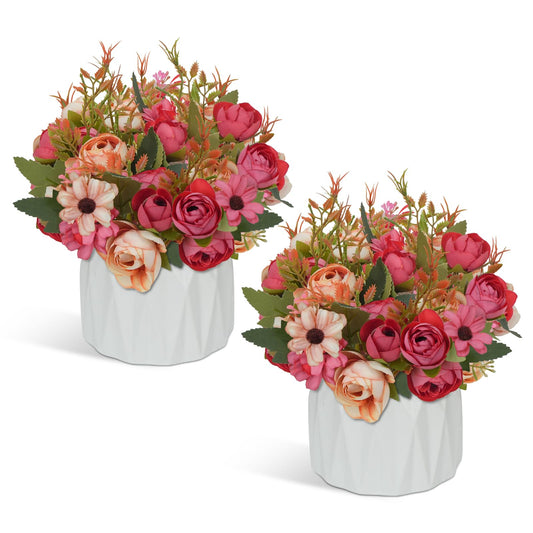 2 Pack Fake Flowers in Vase Small Artificial Faux Plants with Pot Indoor Summer Spring Decor Silk Rose Flowers for Centerpiece Table Decorations Home Office Desk Wedding Decor