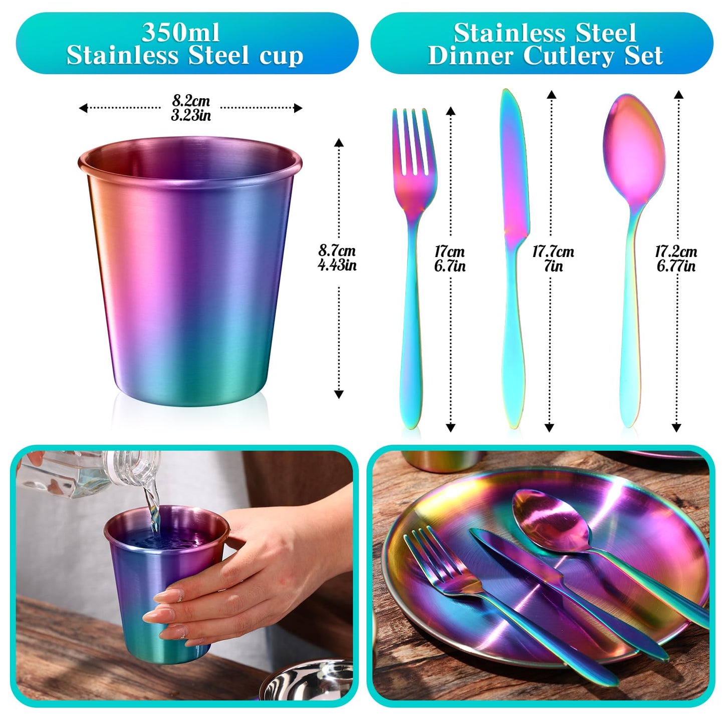 Honeydak 36 Pcs Stainless Steel Utensils Camping Tableware Kit Include Set of 6 Plate Bowl Cups Spoons Forks Knives Flatware Set for Backpacking Camping Hiking and Picnic(Rainbow Color)