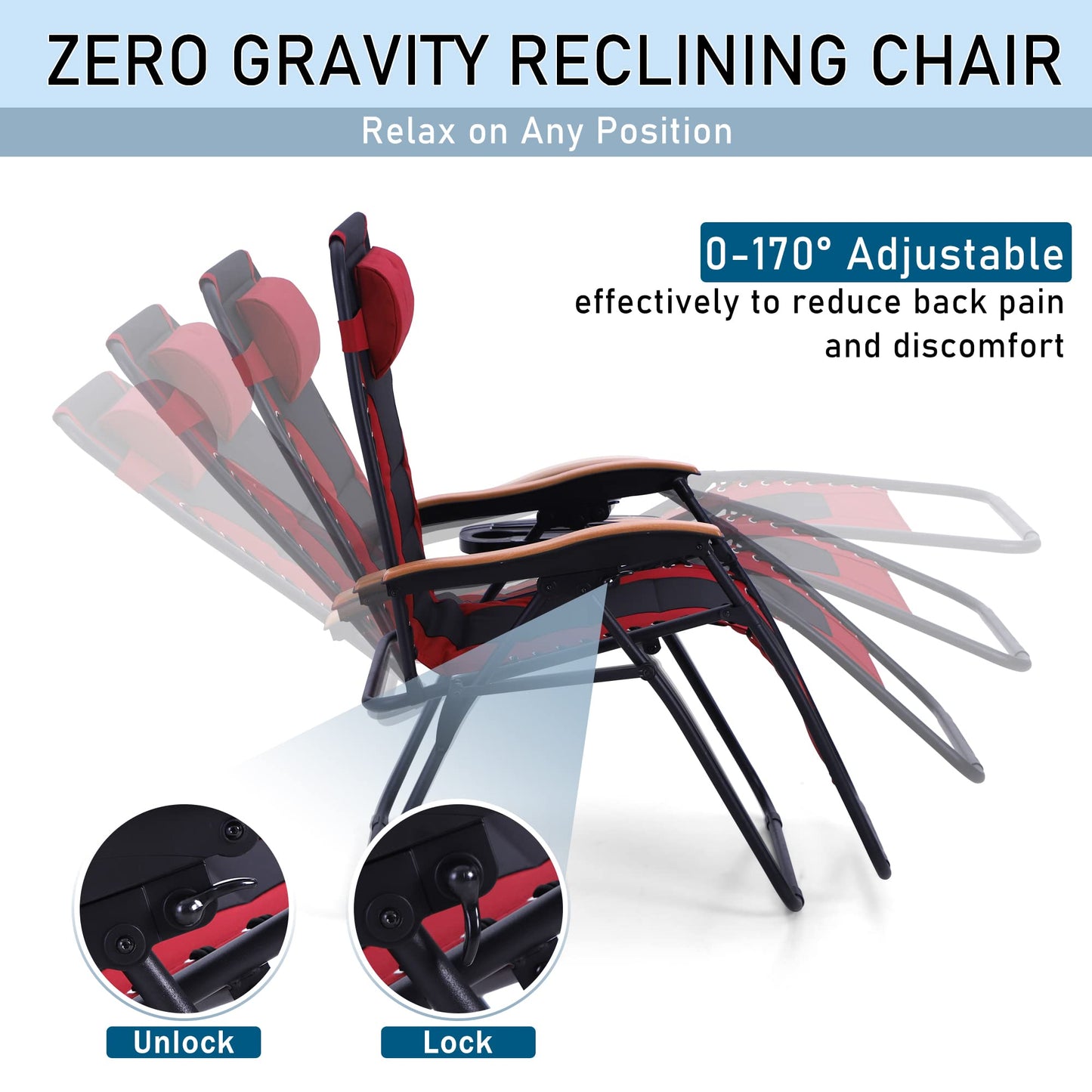 PHI VILLA XXL Oversized Padded Zero Gravity Chair, Foldable Patio Recliner, 30" Wide Seat Anti Gravity Lounger with Cup Holder, Set of 2, Support 400 LBS (Red)