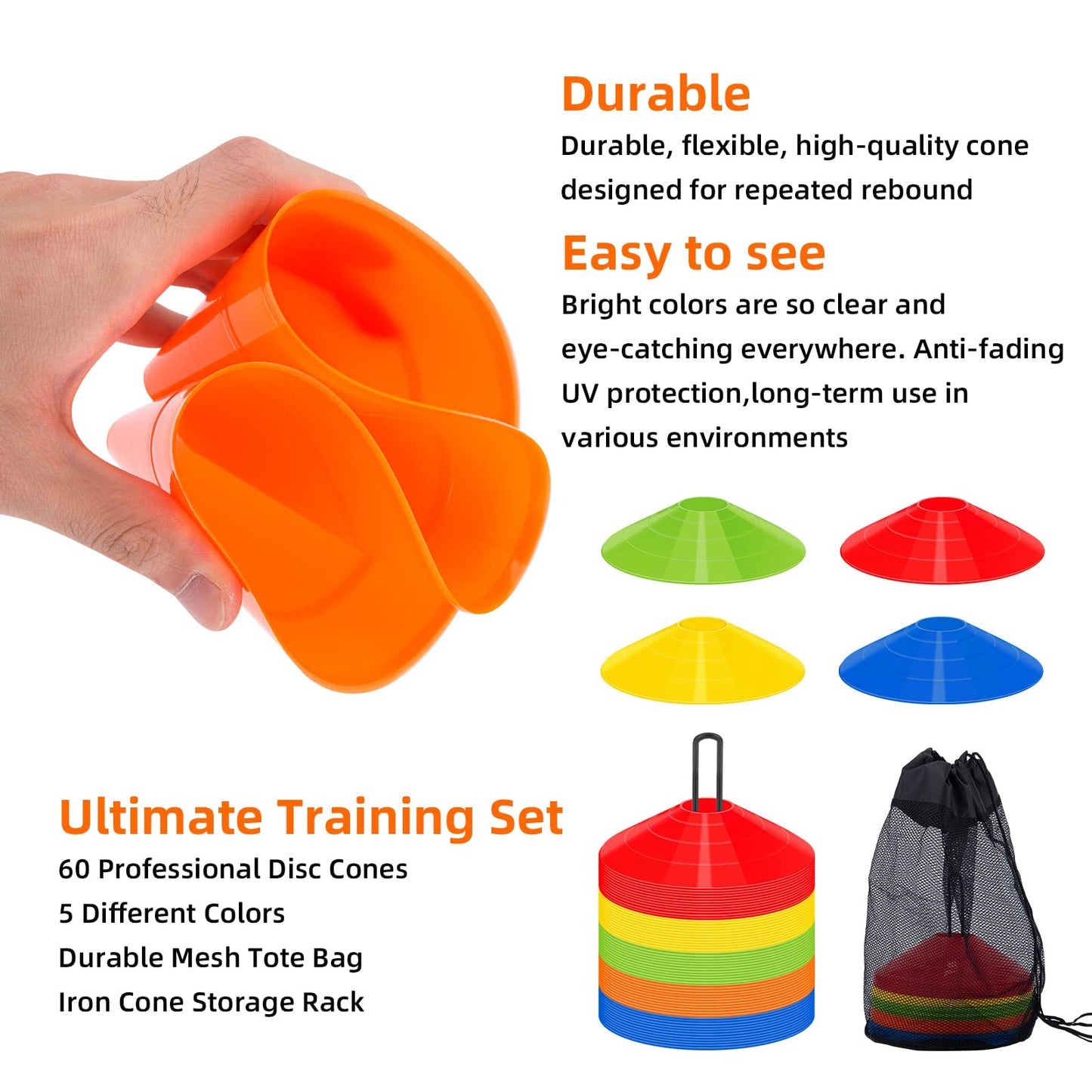 CLEAN PIONEER 60 Pack Agility Soccer Cones with Portable Bags & Brackets, Premium Quality Sport Cones Used for Football,Basketball, Sports Training