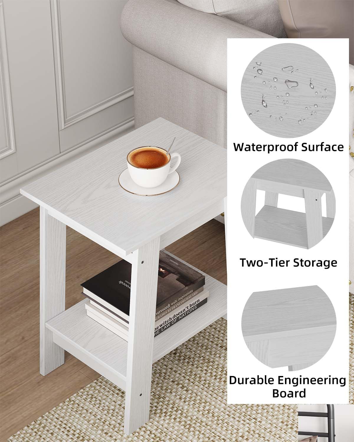 IDEALHOUSE End Table, Narrow Side Table with 2 Tier Storage Shelf, Small Space Side Table for Farmhouse Bedroom, Studio Apartment, Entryway, White