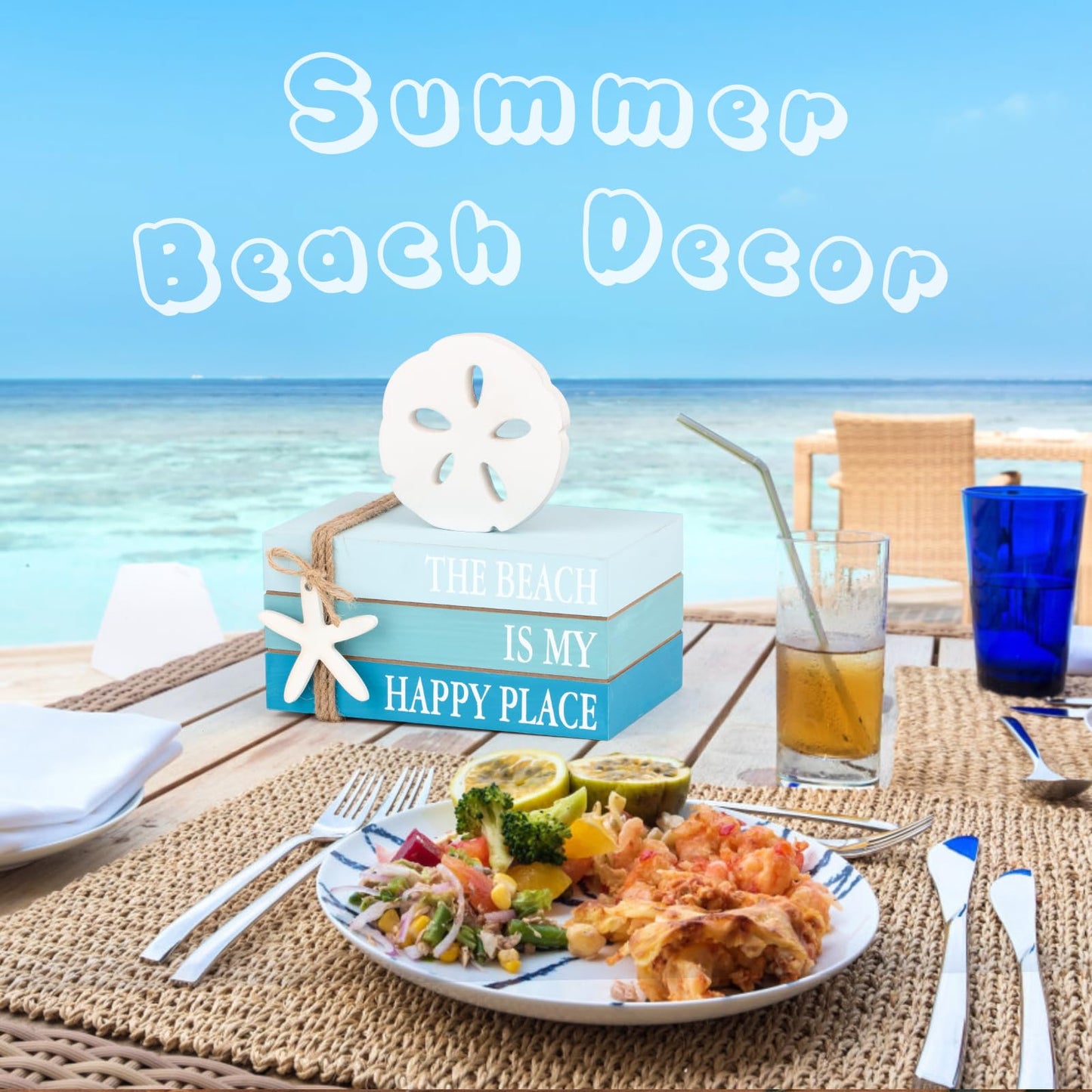 Beach Coastal Decor Stacked Books Set with Starfish & Sand Dollars Accents, Summer Tiered Tray & Blue Wooden Ocean Book Decor for Farmhouse, Beach House, Table Centerpiece