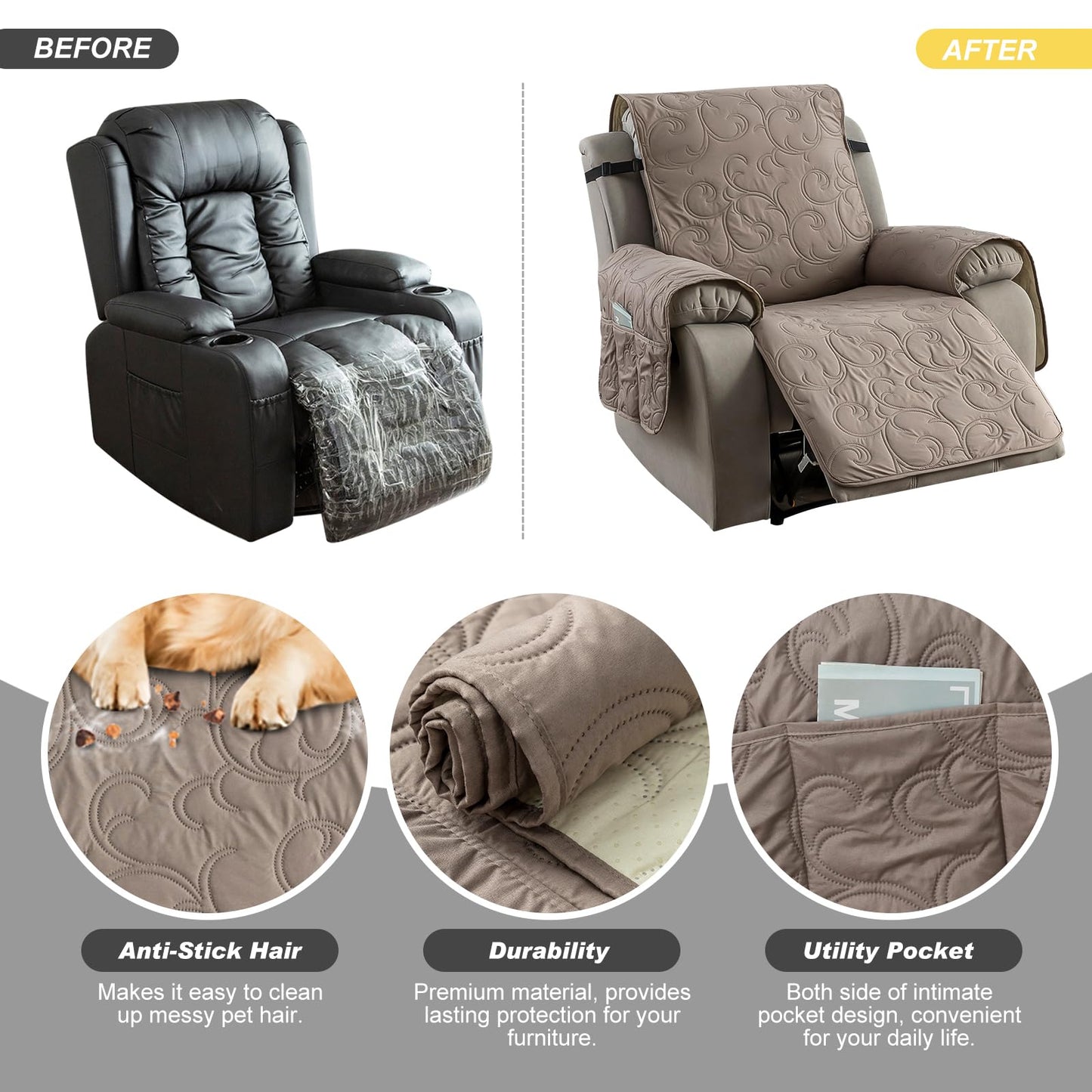 100% Waterproof Recliner Chair Cover, Recliner Chair Covers for Reclining Chair, Non-Slip Fabric Recliner Couch Cover for Living Room, for Pets Kids Protector, Washable (Taupe, 23.6"Recliner Chair)