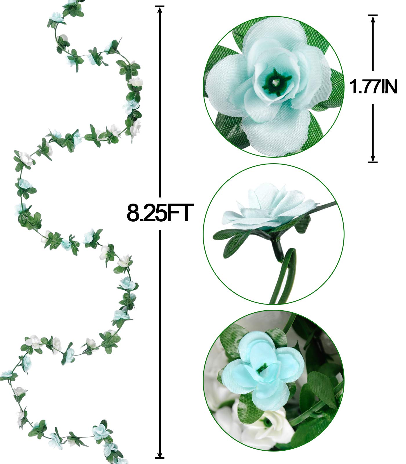 Miracliy 8Pcs 66FT Blue Flower Garland, Artificial Rose Floral Vines Fake Hanging Spring Flower Garland for Wall Backdrop Wedding Arch Tea Party Door Mantle Decoration