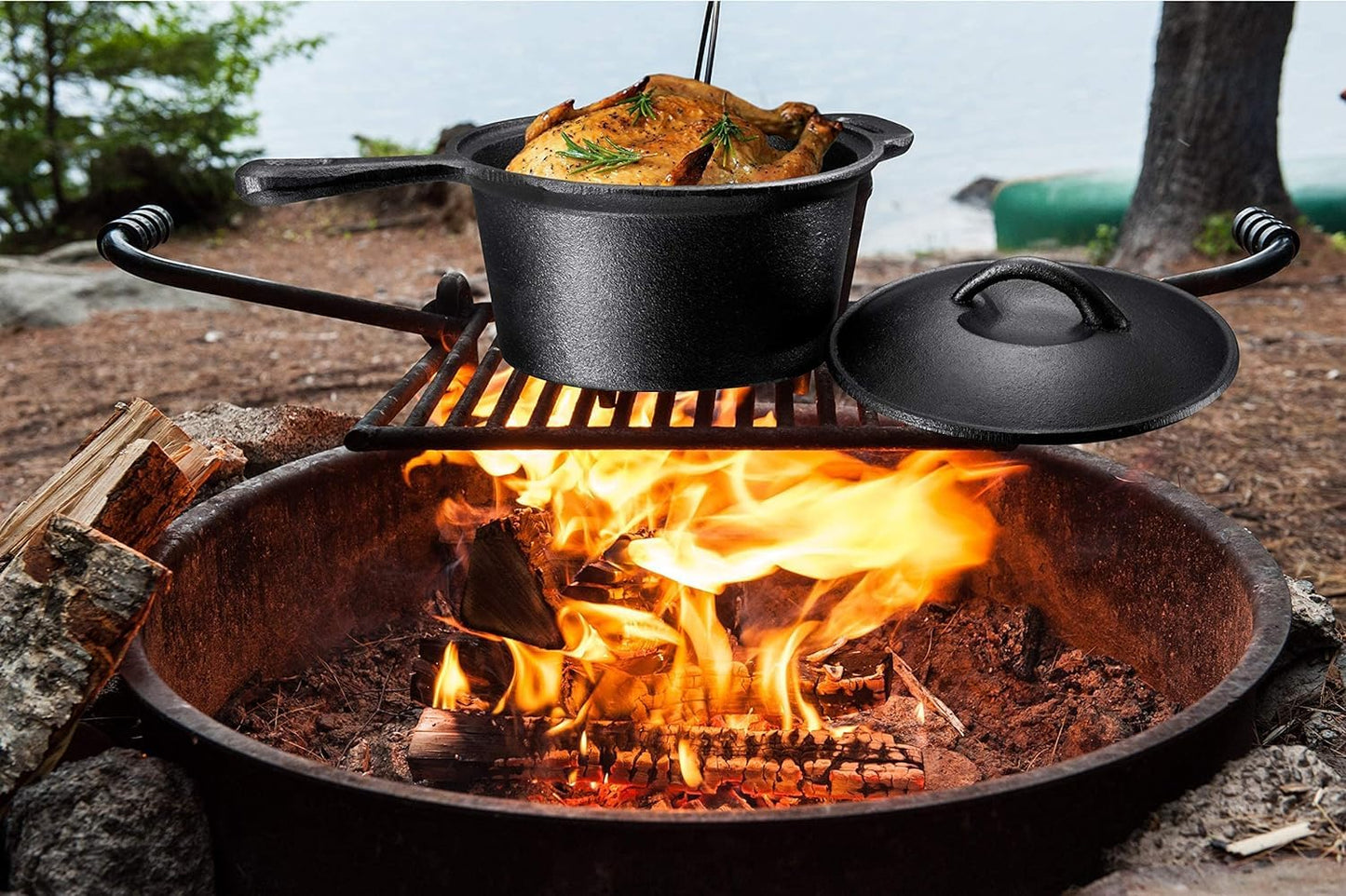 Bruntmor Camping Cooking Set of 7. Pre Seasoned Cast Iron Pots and Pans Dutch Oven with Lids for Outdoor Comefire. Grill Cookware Skillet Sets with Storage Box