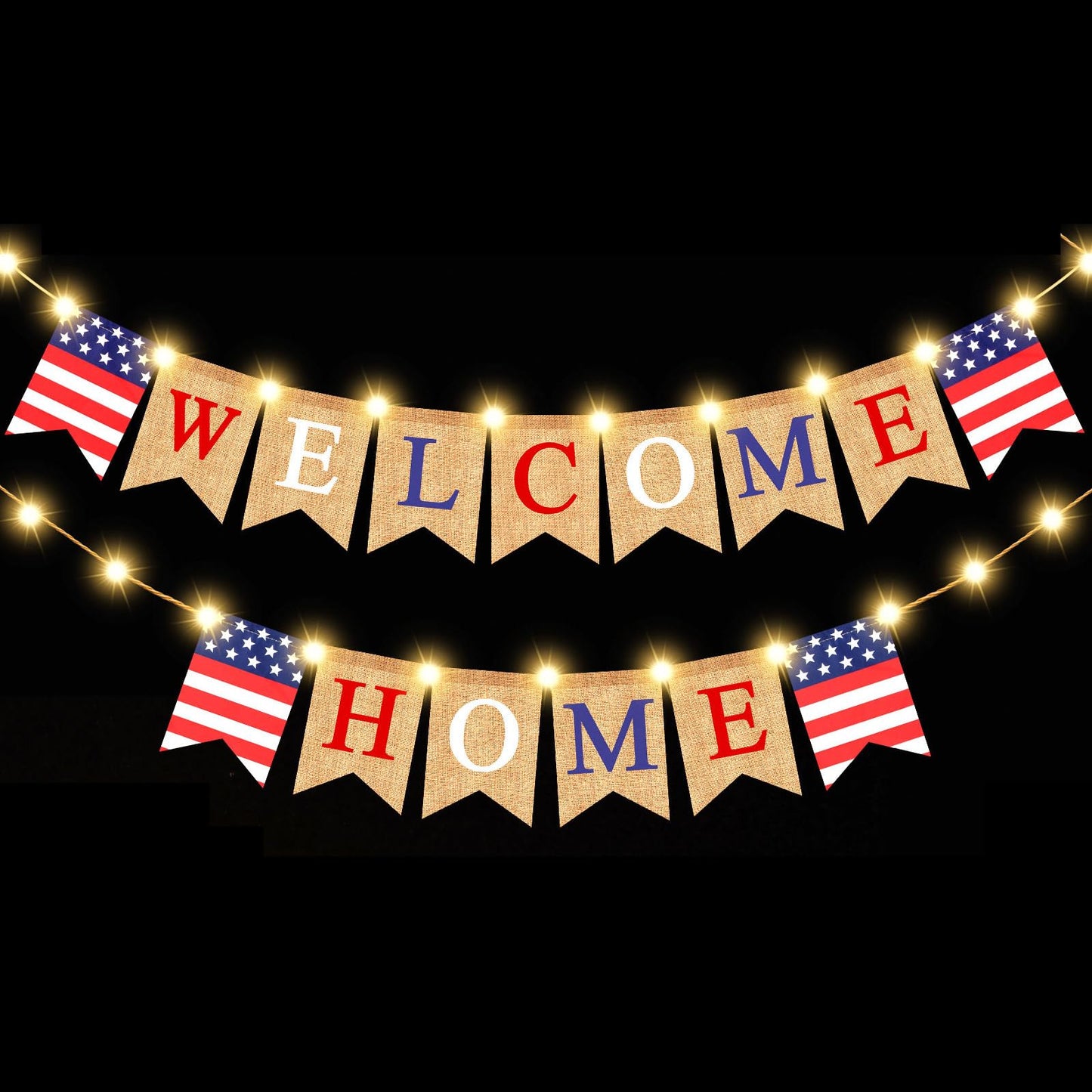 Mudder Welcome Home Banner with LED Decoration Fairy String Light 2 Flicker Mode Patriotic Banner Bunting Welcome Home Sign for Housewarming Military Celebration Family Party Supplies Gifts