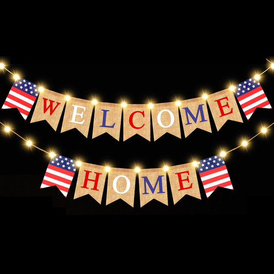 Mudder Welcome Home Banner with LED Decoration Fairy String Light 2 Flicker Mode Patriotic Banner Bunting Welcome Home Sign for Housewarming Military Celebration Family Party Supplies Gifts