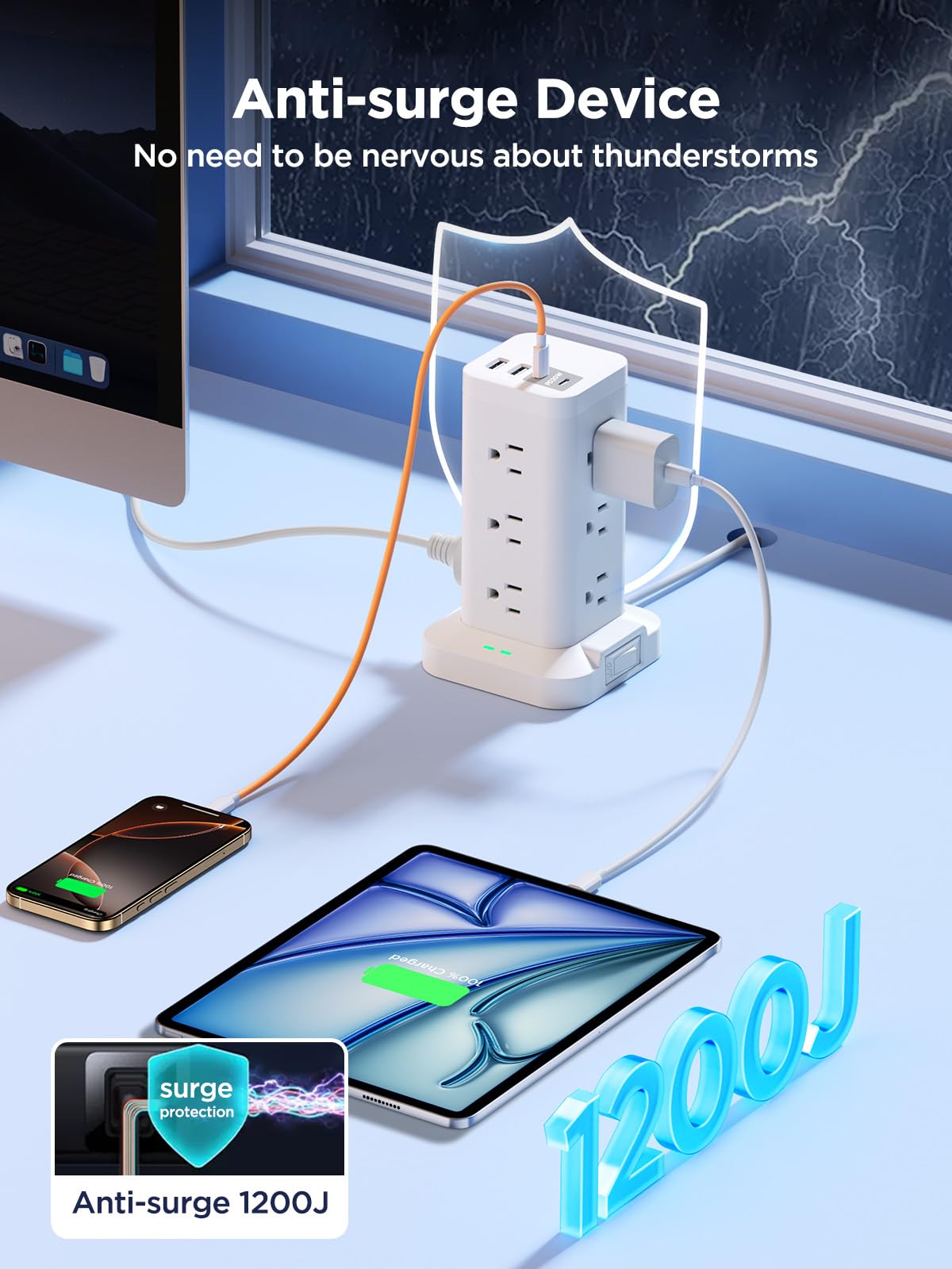 Surge Protector Power Strip, 6FT Flat Plug Extension Cord with 12 AC Outlets, 4 USB Charger(2 USB C Port), 1200 Joules Overload Protection, Desk Charging Station for Home Office, Dorm Room Essentials