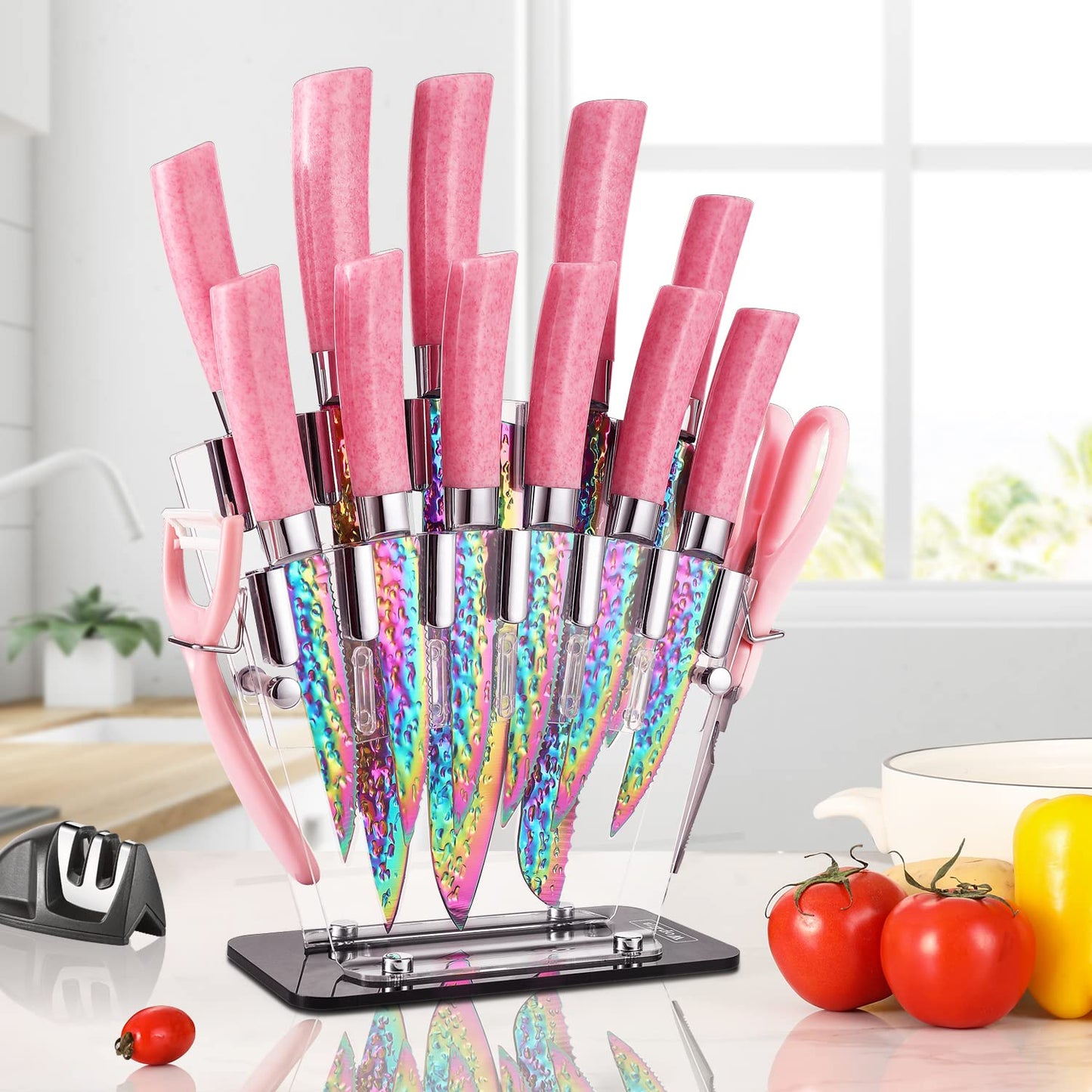 Rainbow Titanium Knife Set, Non Stick Thick and Sharp Stainless Steel 15 Pcs Cutlery Kitchen Knives Set with Acrylic Block, Chef Quality for Home & Pro Use, Best Gift, Pink Color