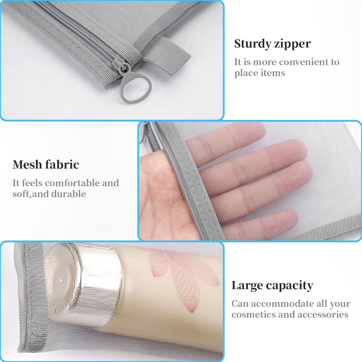 6 Pcs Mesh Cosmetic Bags with Zipper, Grey Mesh Zipper Pouch Bags, Purse Organizer Pouches, Small Mesh Zipper Pouch, Zipper Mesh Pouch Bags, Mesh Makeup Bag with Zipper, Small Mesh Bags with Zipper