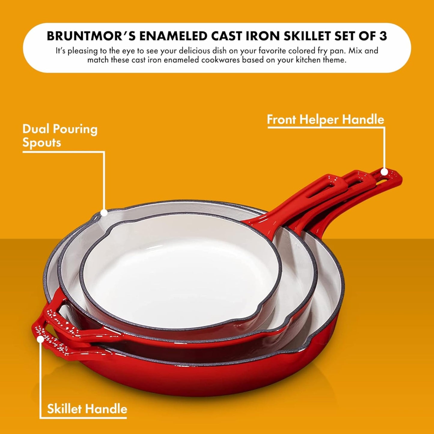 Bruntmor Enameled Cast Iron Skillet Set of 3-8, 10, and 12-Inch Non Stick Frying Pans with Tempered Glass Lids - Versatile Cast Iron Cookware Set for Casserole - Grill Pan for All Stovetops - Red
