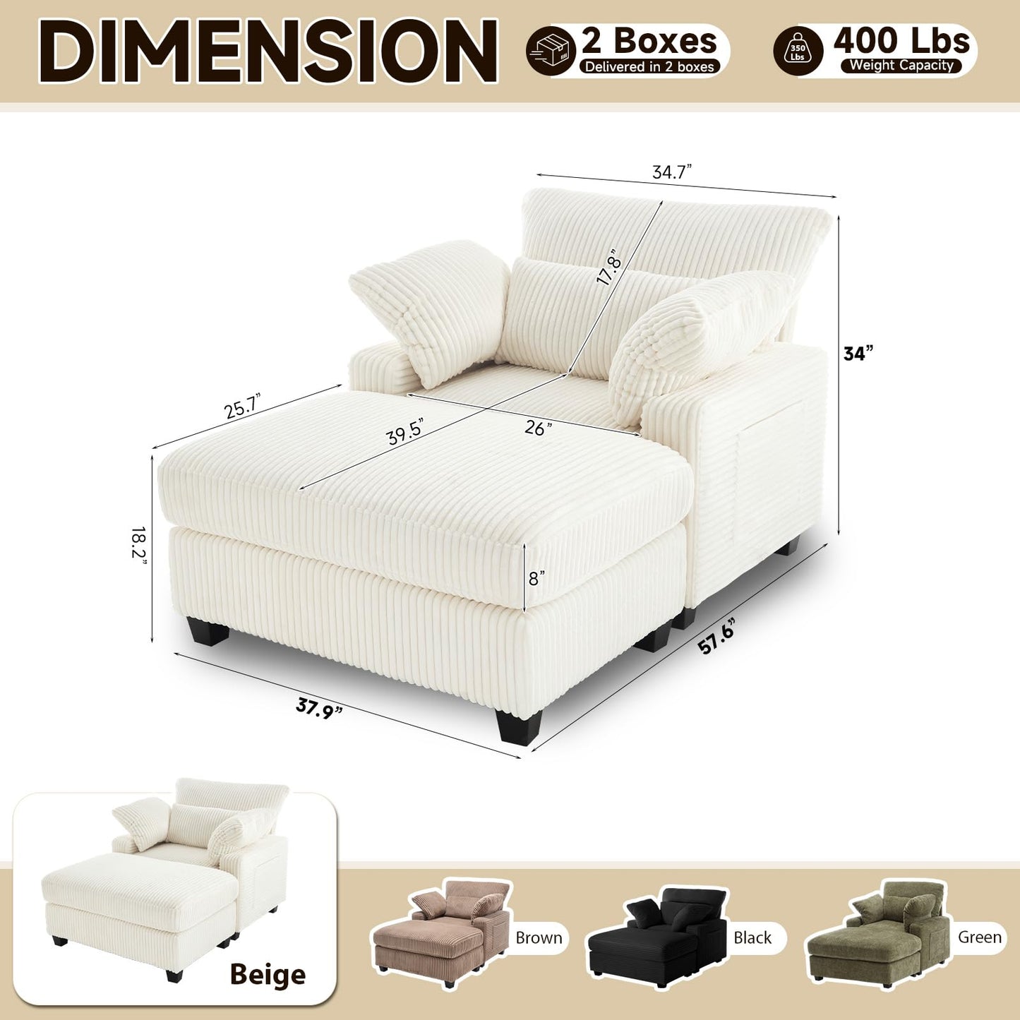 Hanherry 57.6" D Chaise Lounge Chair Indoor with Ottoman, Corduroy Lounge Sleeper Sofa Chair, Comfy Reading Chair with Double-Sided Armrest and Lumbar Support for Bedroom, Living Room, Office(Beige)