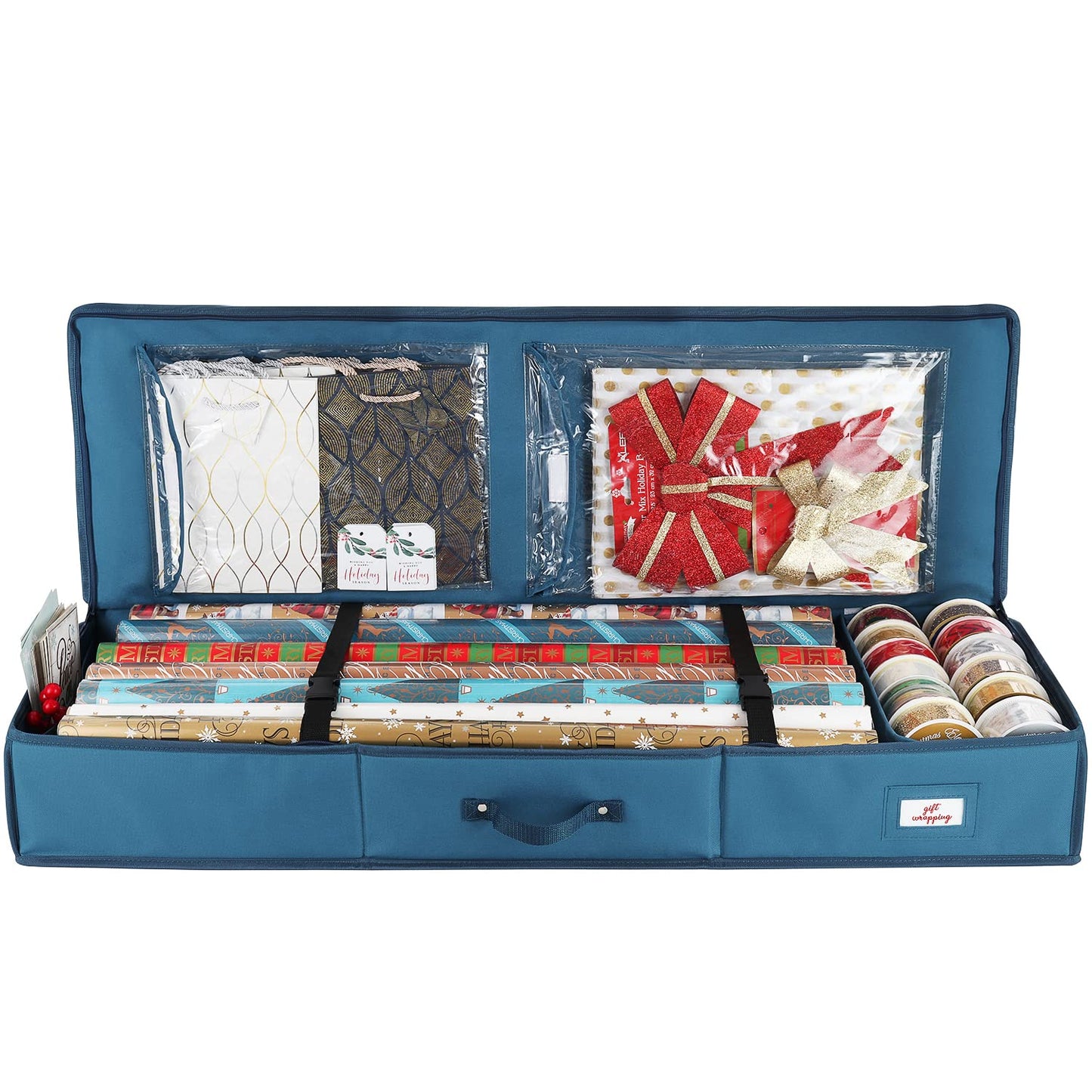 Hearth & Harbor Wrapping Paper Storage Container - Christmas Storage Bag with Interior Pockets - Gift Wrap Organizer Fits Up to 22 Rolls of 40" - Tear Proof, Blue