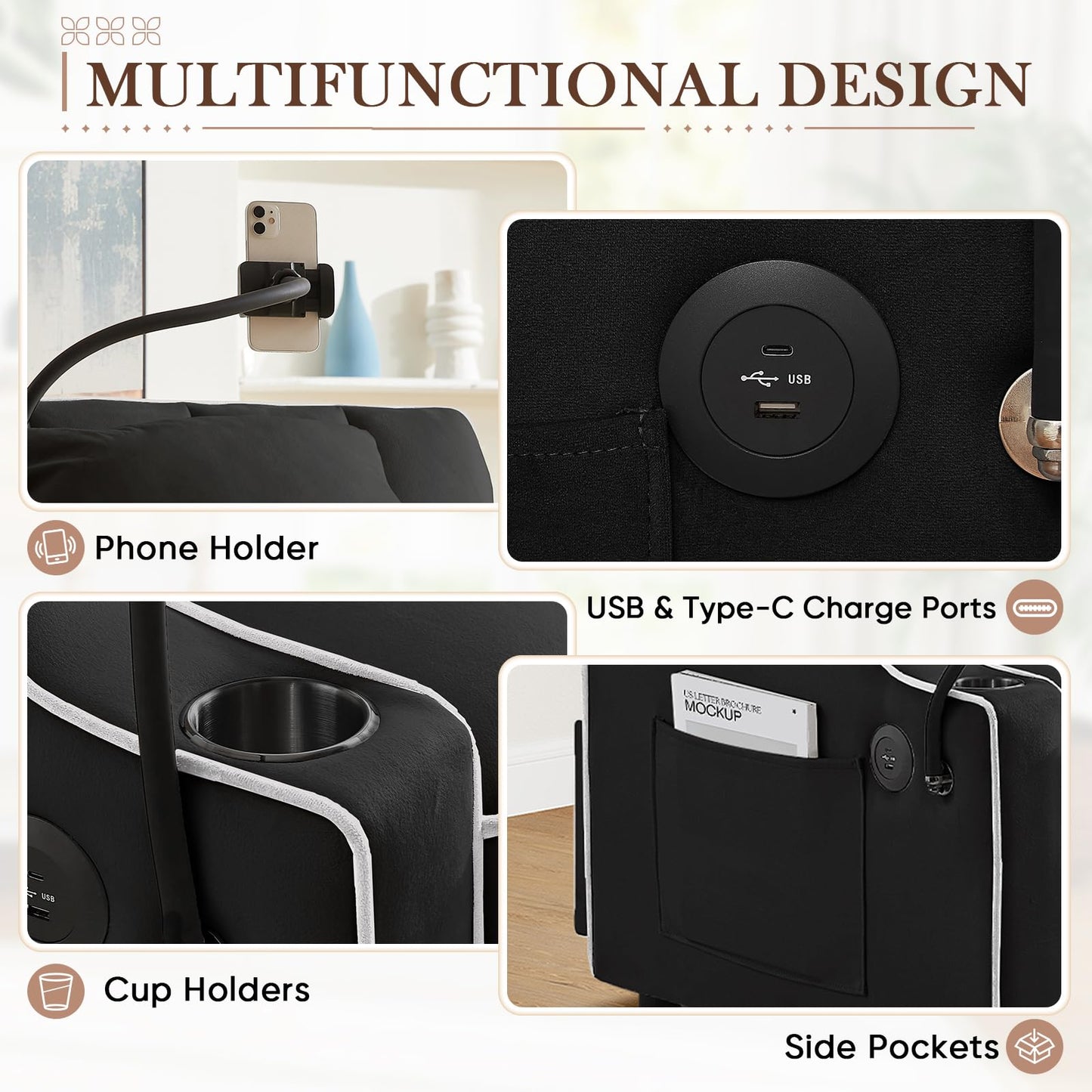 Convertible Sleeper Chair Sofa Bed,3 in 1 Velvet Tufted Pull Out Couch with Swivel Phone Holder & USB Ports,Futon Small Couch Bed w Cup Holders & Adjustable Backrest for Living Room,Small Place(Black)