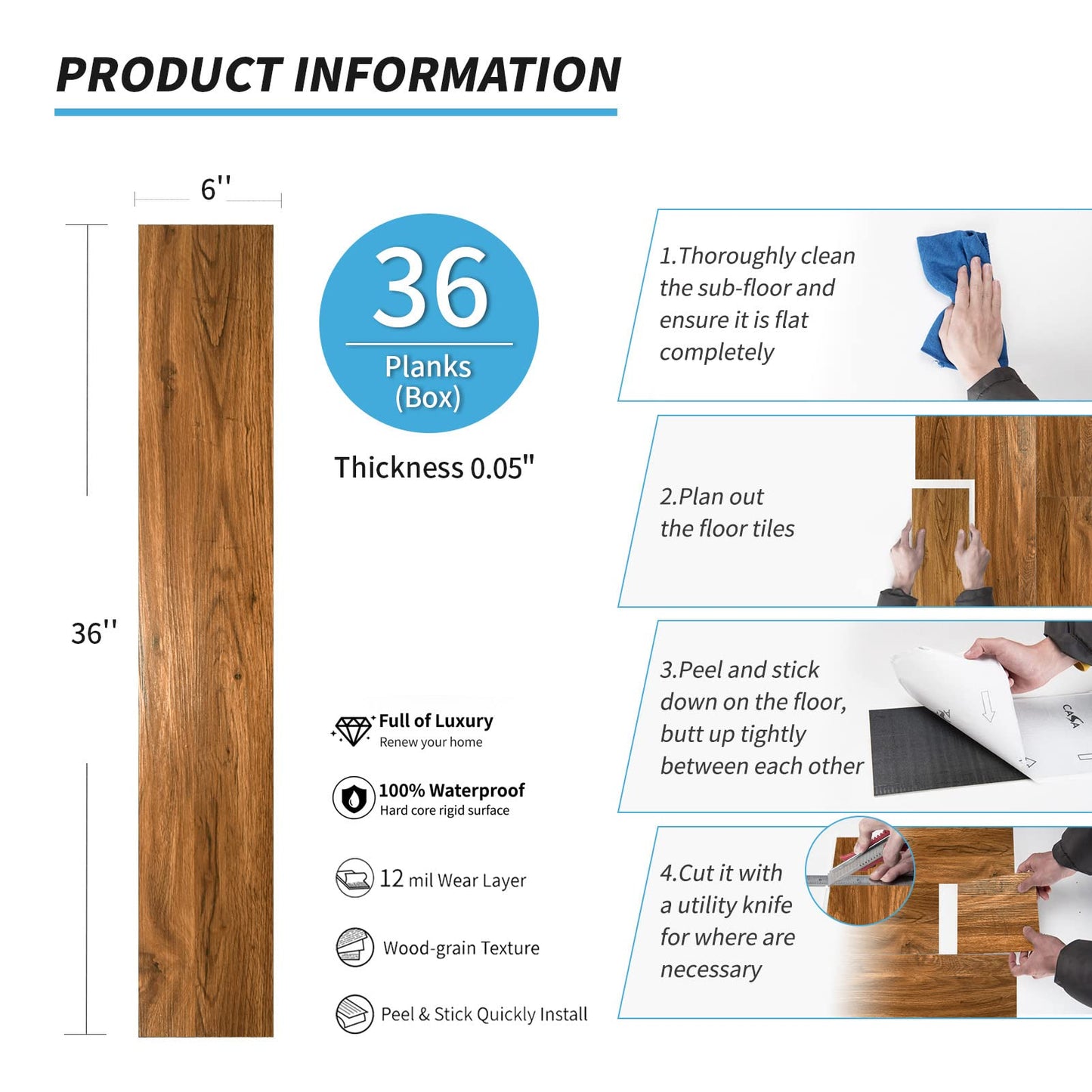 Art3d 36-Pack 54 Sq.ft Peel and Stick Floor Tiles Vinyl Plank Flooring Wood Look, Adhesive and Waterproof Tile Sticker for Bedroom, Living Room, Kitchen, RV in Rosewood