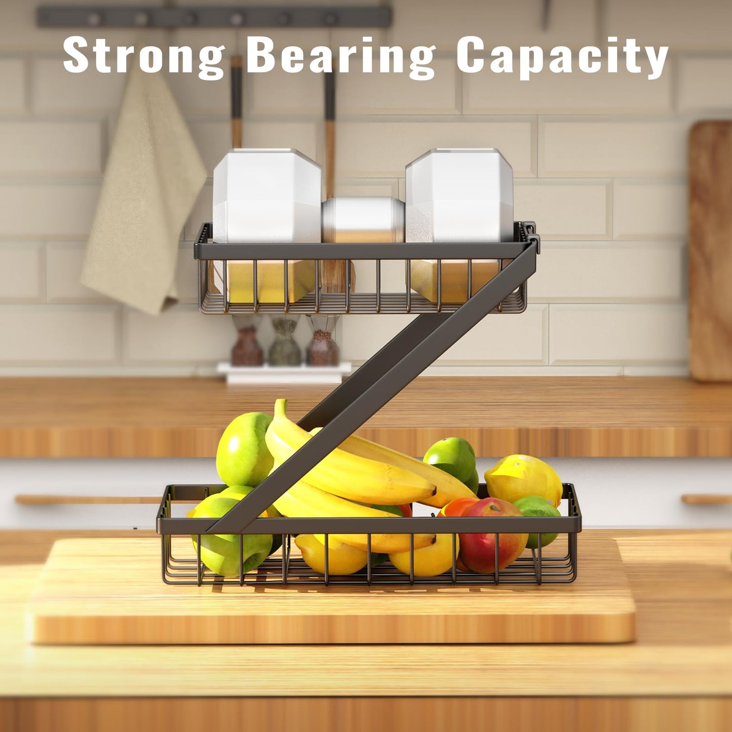 GETALL Fruit Basket for Kitchen, 2 Tier Countertop Fruit Holder, Detachable Metal Stand Fruit Bowl Organizer for Vegetable Bread Snacks Onions Storage, Large Capacity, Screws Free Design, Black(Z)