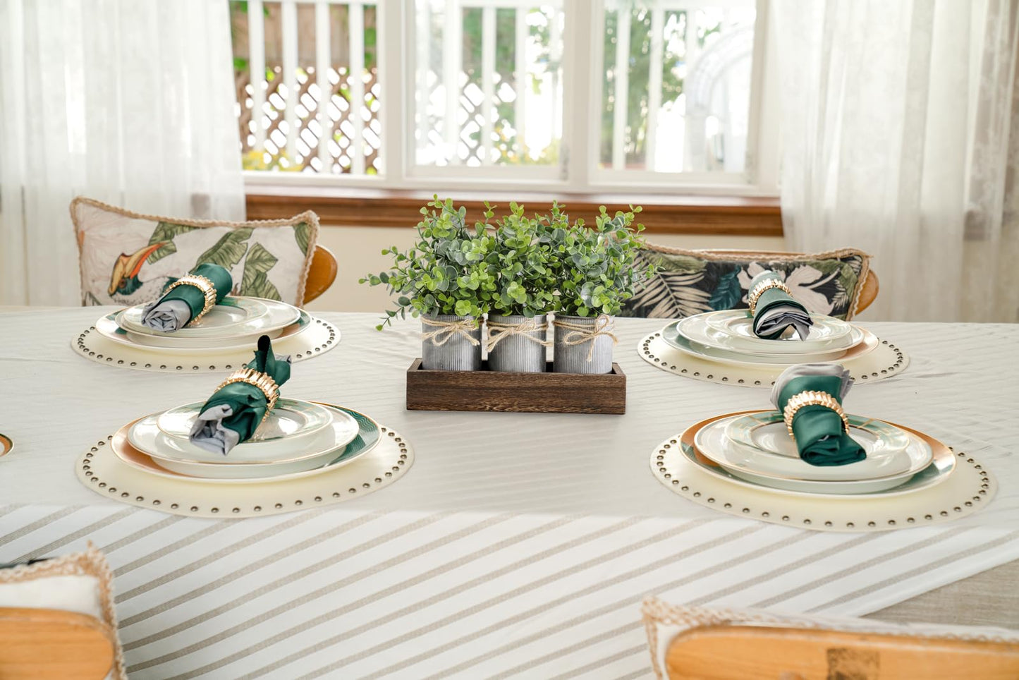 Dahey Centerpiece Table Decorations Coffee Table Decor Wood Tray 3 Galvanized Pots with Artificial Eucalyptus Plants Farmhouse Decor Table Centerpieces for Dinning Living Room Bath Kitchen, Brown