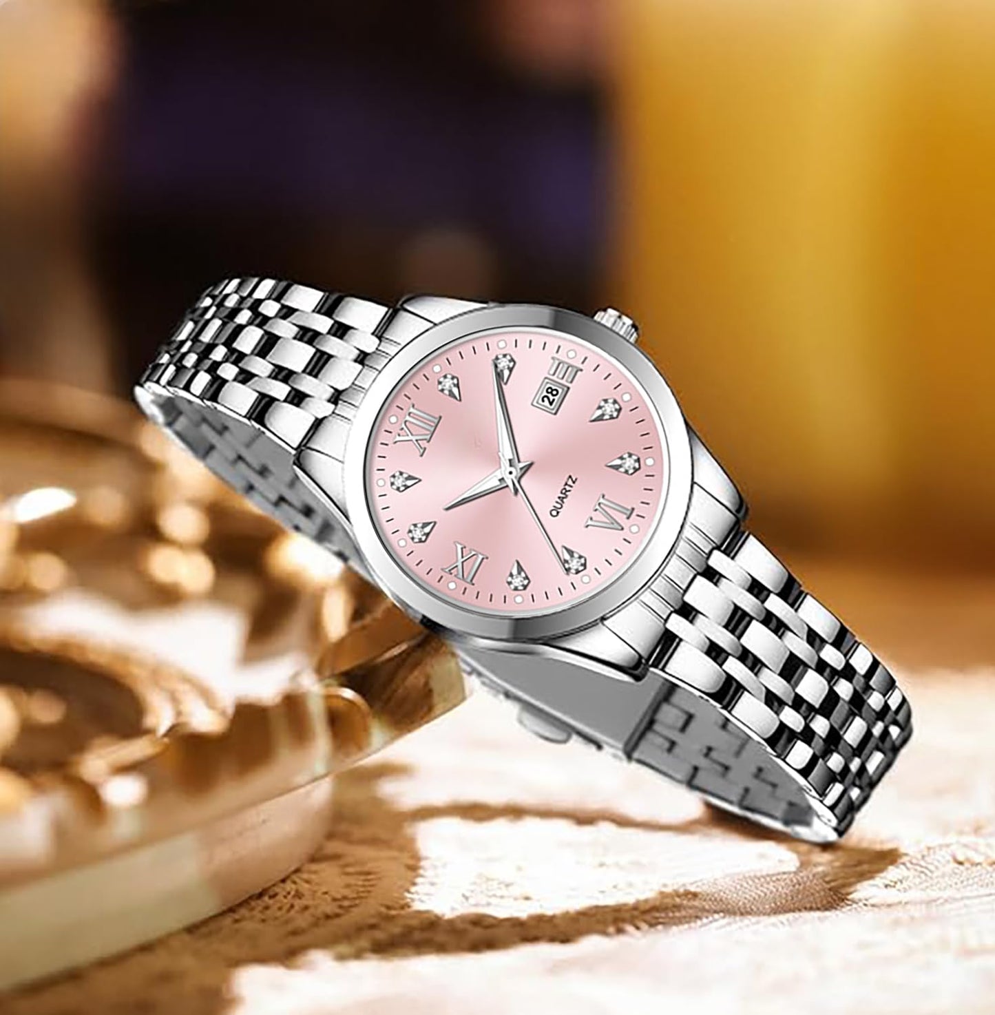 BESTKANG Women's Bracelet Watch Stainless Steel Quartz Watch Luminous Waterproof Watch Business Watches for Women (Pink)