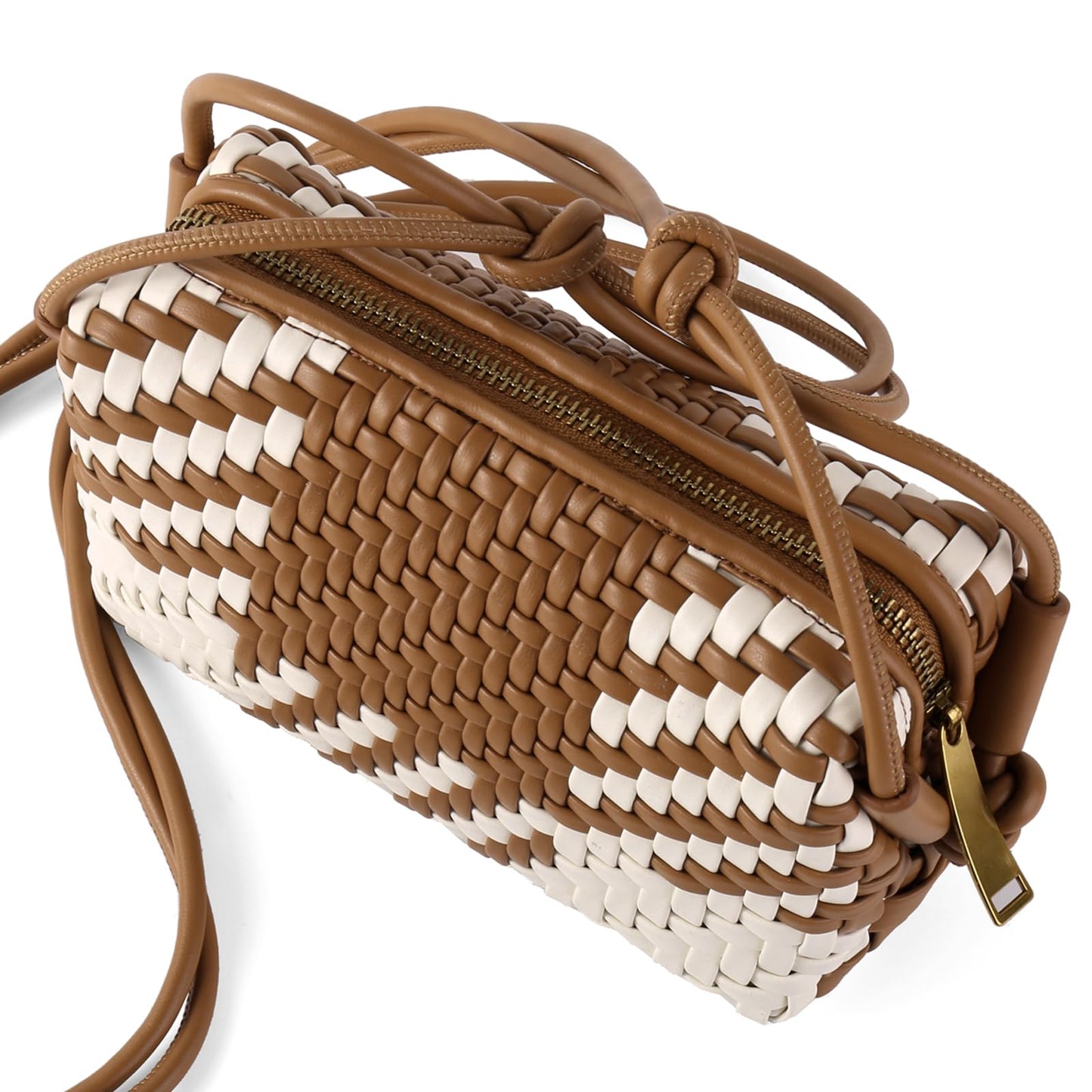 Crossbody Bag for Women Trendy Woven Purse Vegan Leather Small Shoulder Handbags with Strap (Brown and White)