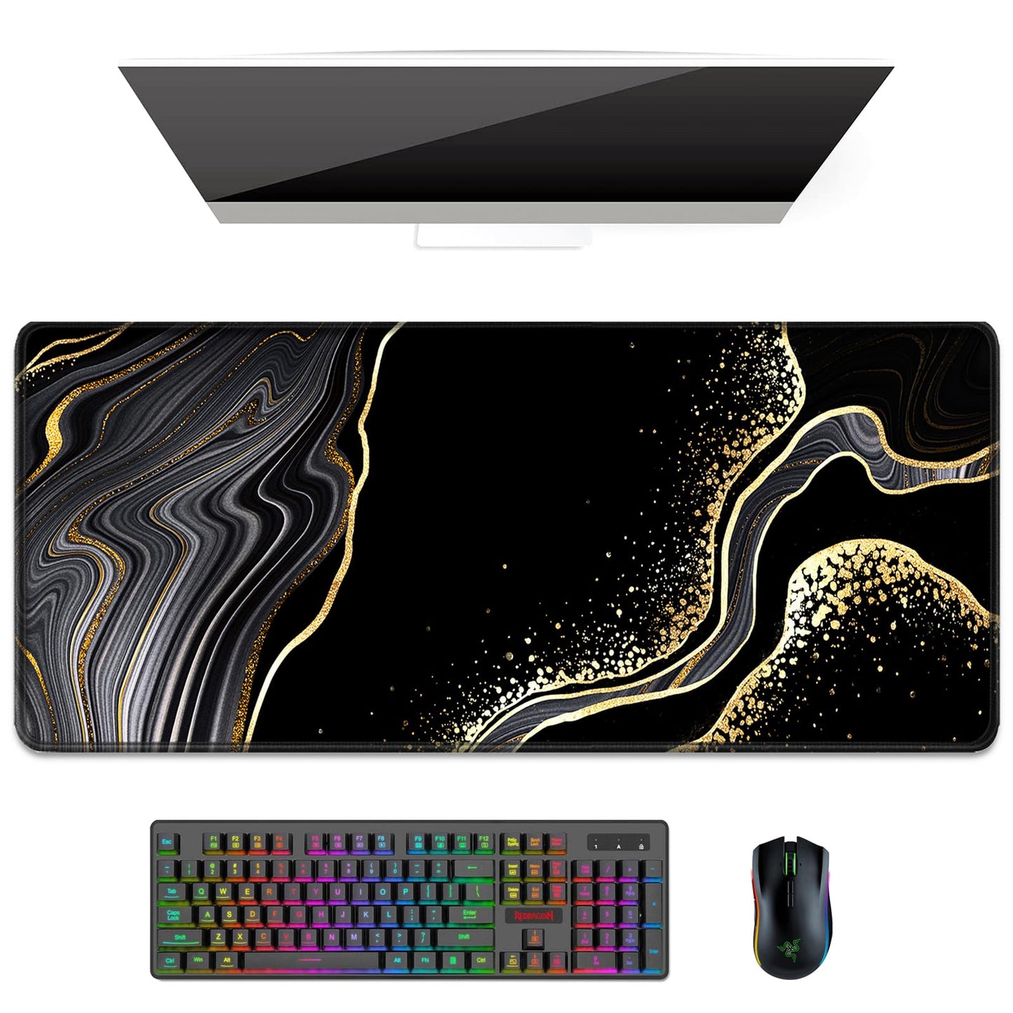 Auhoahsil Desk Mat, Ultra Large Mouse Pad, XXL Gaming Mousepad, Pretty Desk Pad, Big Extended Full Size Desktop Desk Matt for Keyboard, Laptop & Computer, 35.5 x 15.7 in, White Gray Marble