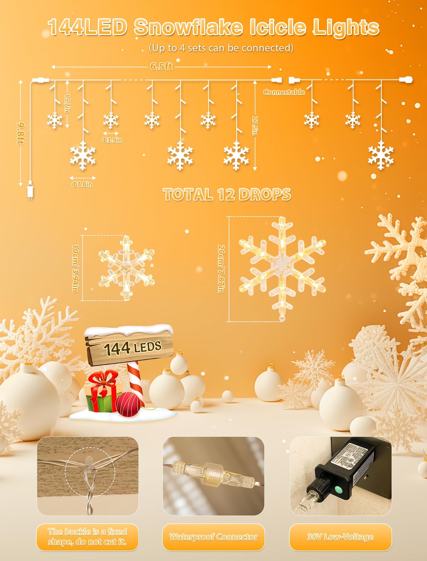 Qunlight Christmas Snowflake Lights,6.5ft 144LED Window Icicle Lights with 12 Drops,8 Modes Timer Connectable Curtain Light Plug in for Bedroom,Eaves,Wedding,Indoor Outdoor Xmas Decor,Warm White